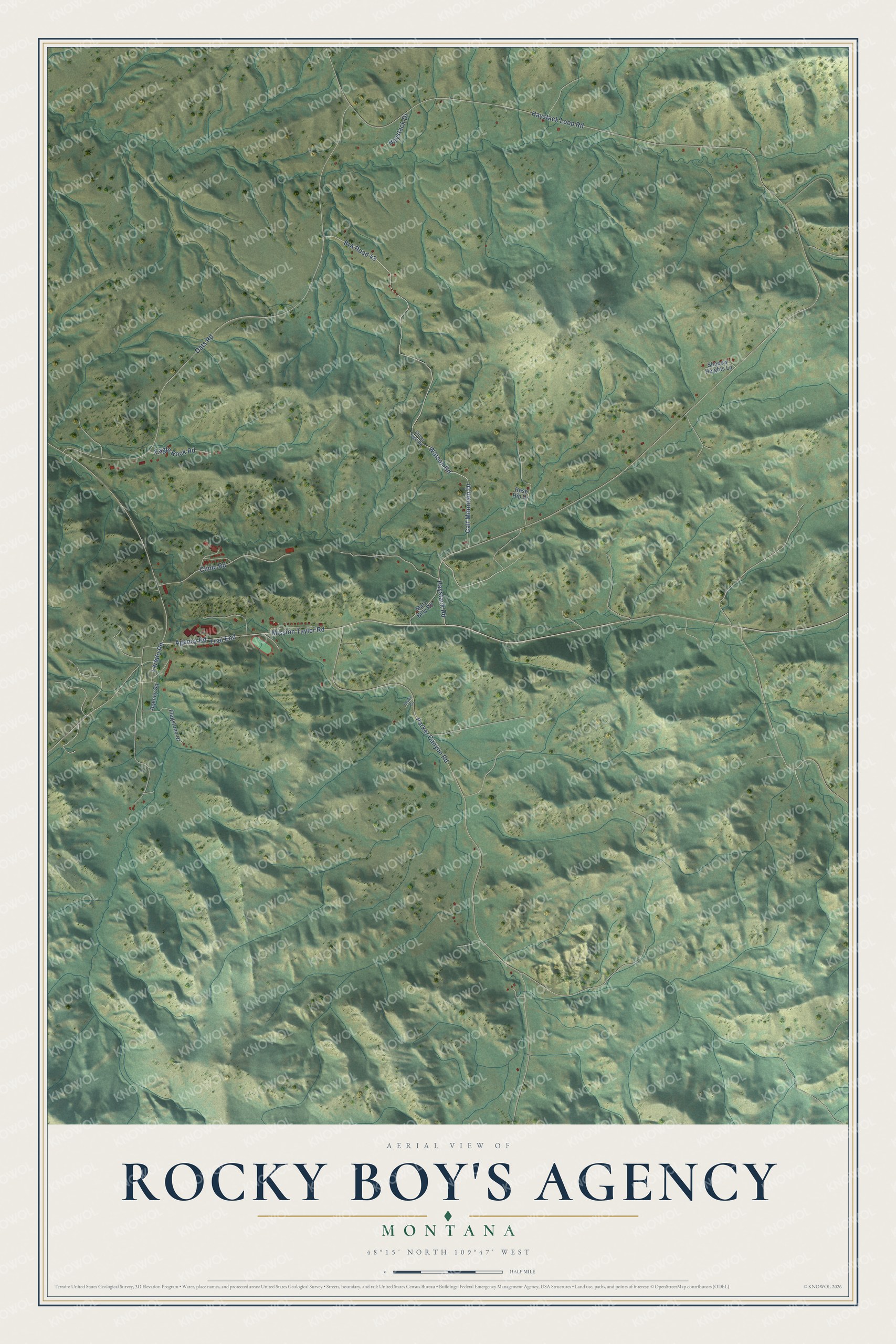 Full map of Rocky Boy's Agency, Montana, with red buildings, printed street names and the land around them