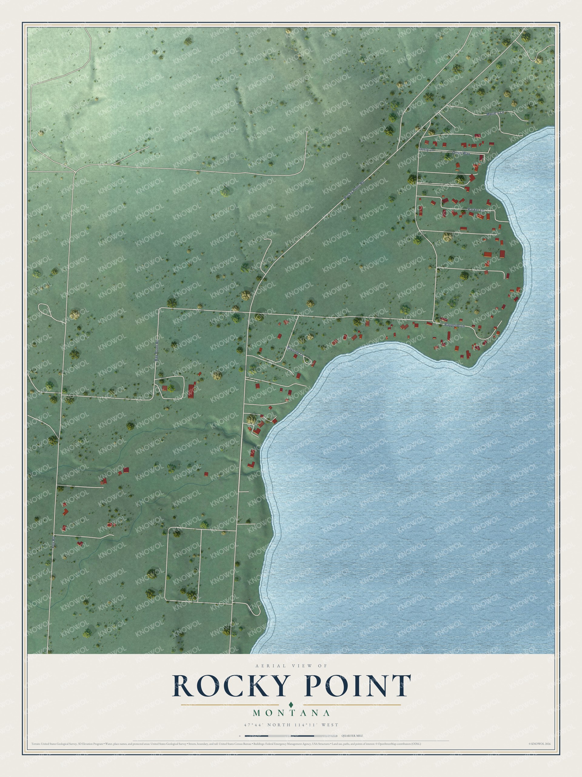 Full map of Rocky Point, Montana, with red buildings, printed street names and the land around them