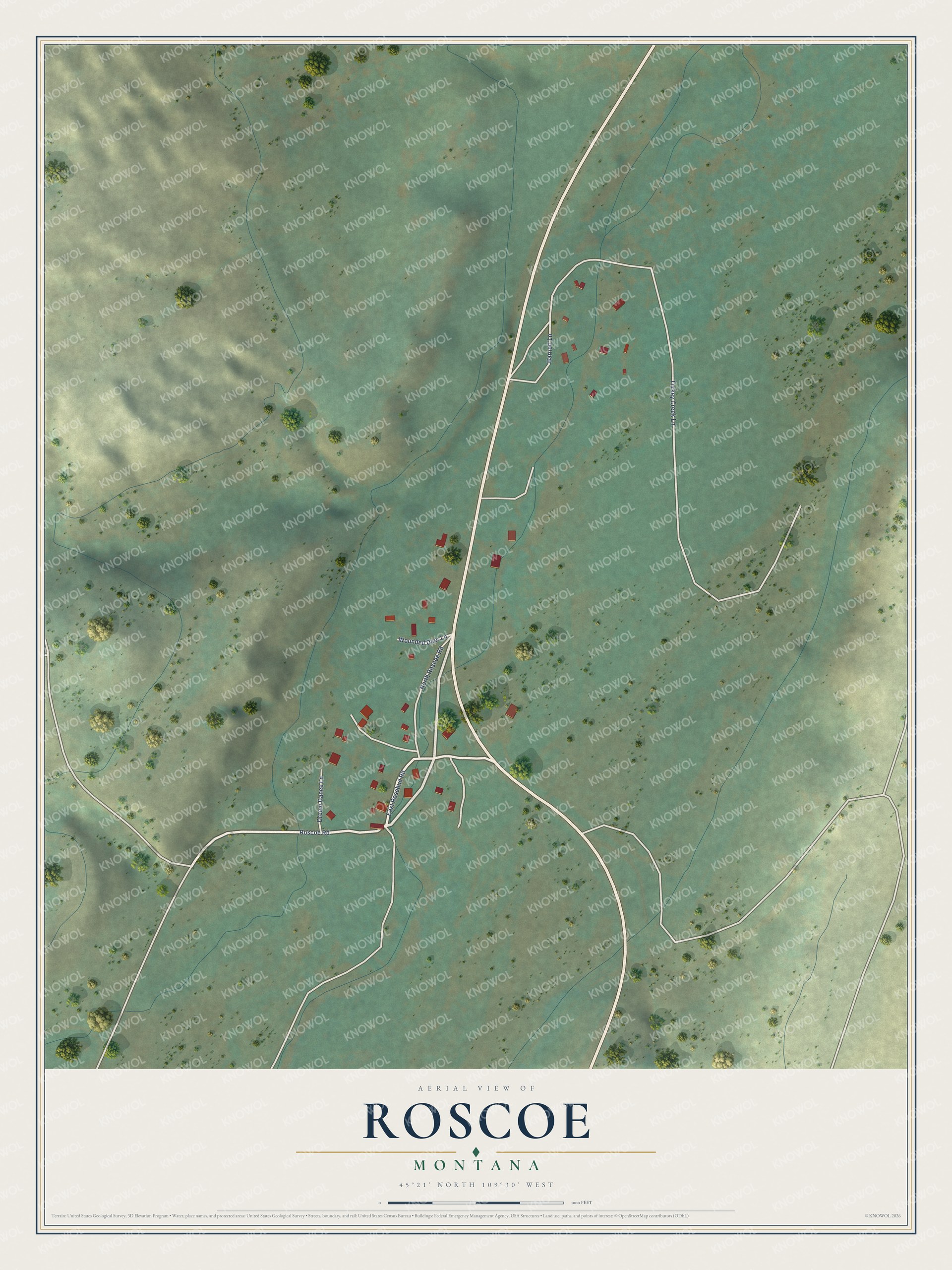Full map of Roscoe, Montana, with red buildings, printed street names and the land around them