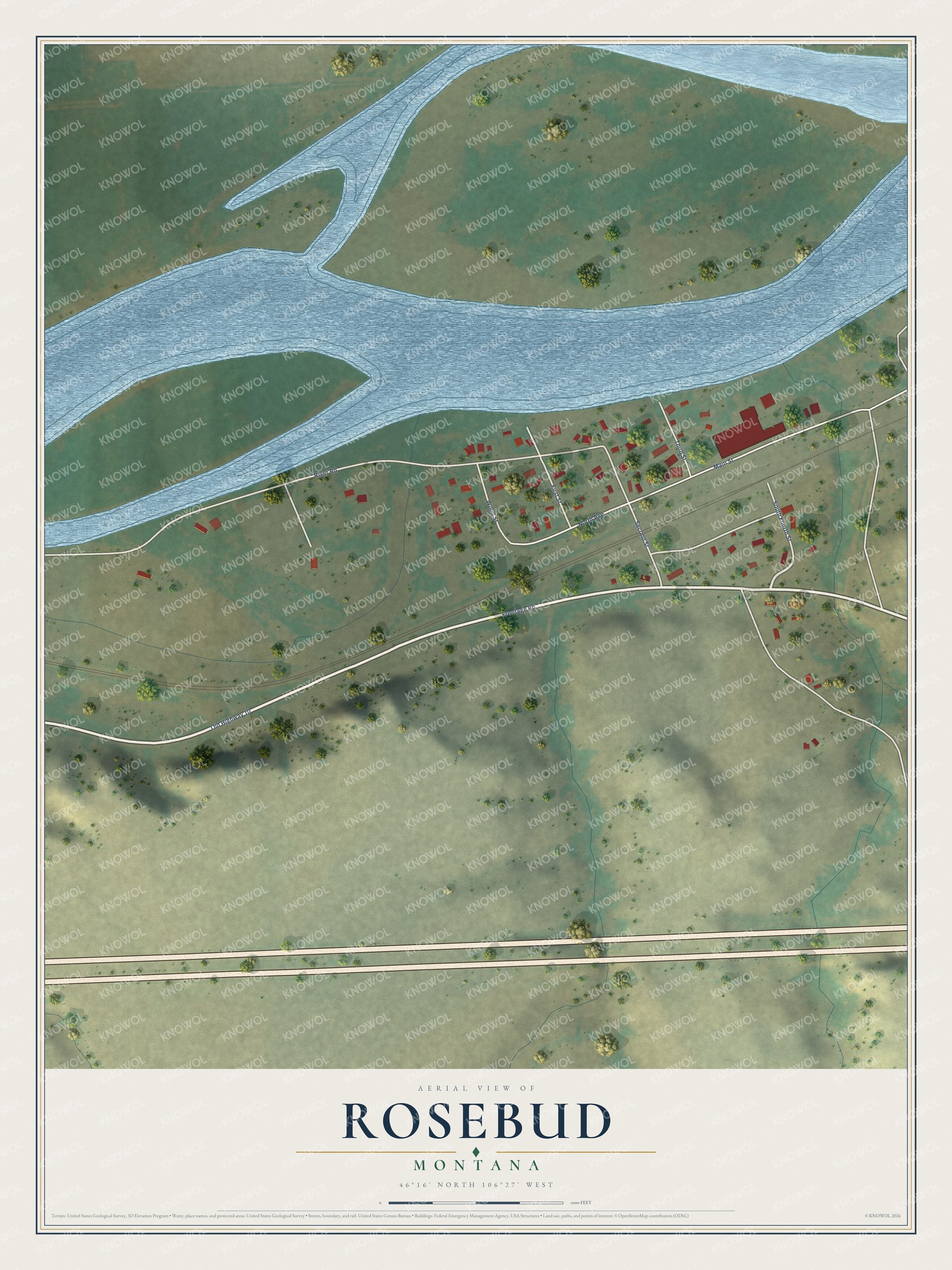 Full map of Rosebud, Montana, with red buildings, printed street names and the land around them