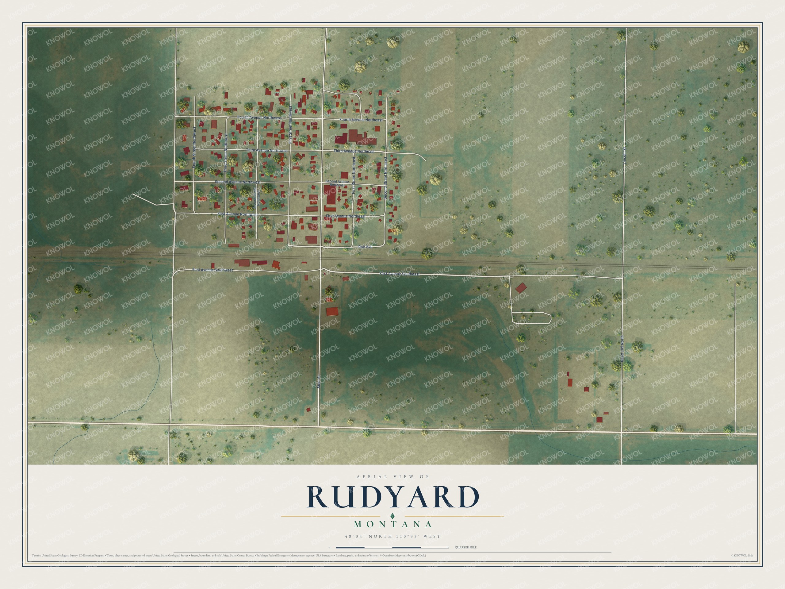 Full map of Rudyard, Montana, with red buildings, printed street names and the land around them