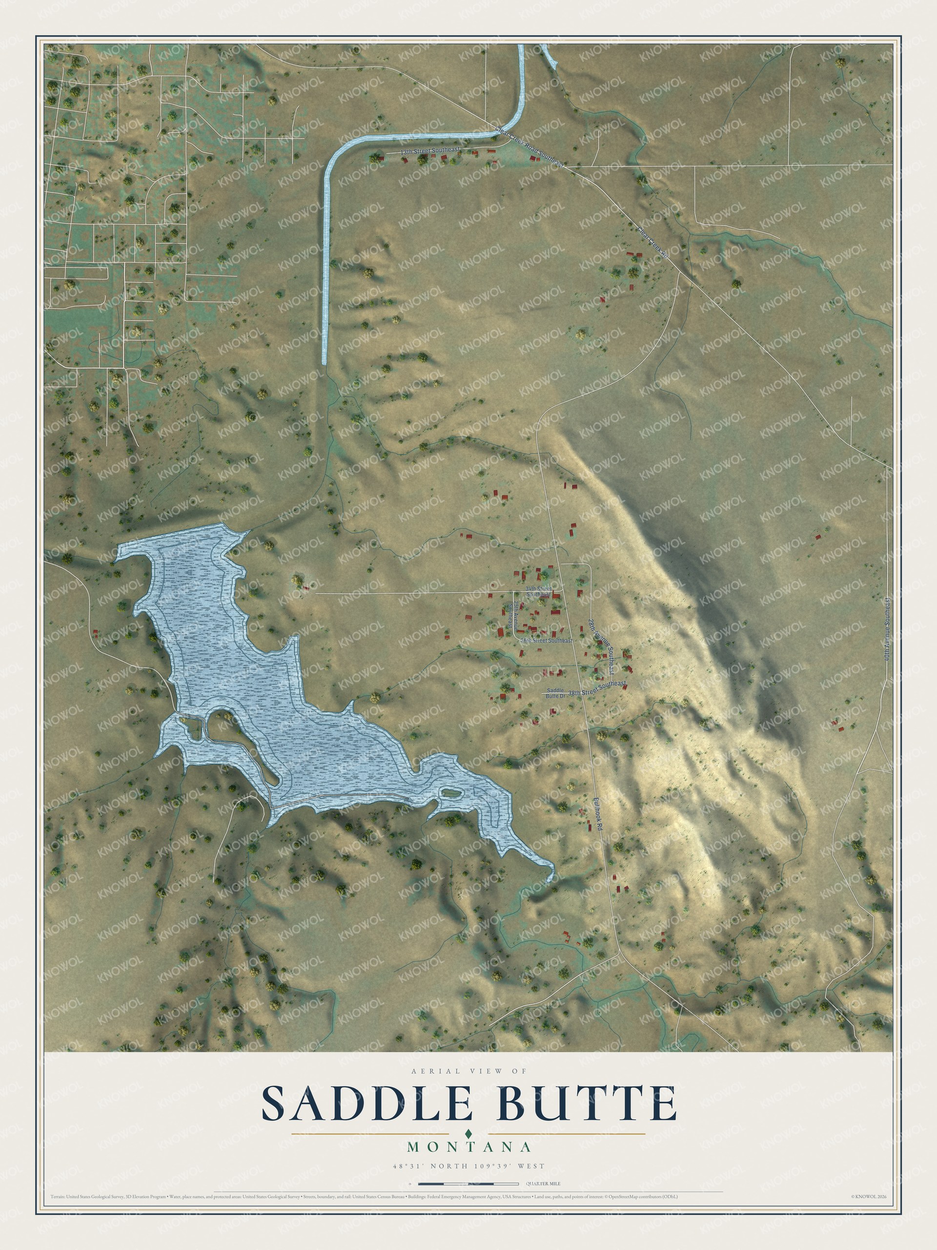 Full map of Saddle Butte, Montana, with red buildings, printed street names and the land around them