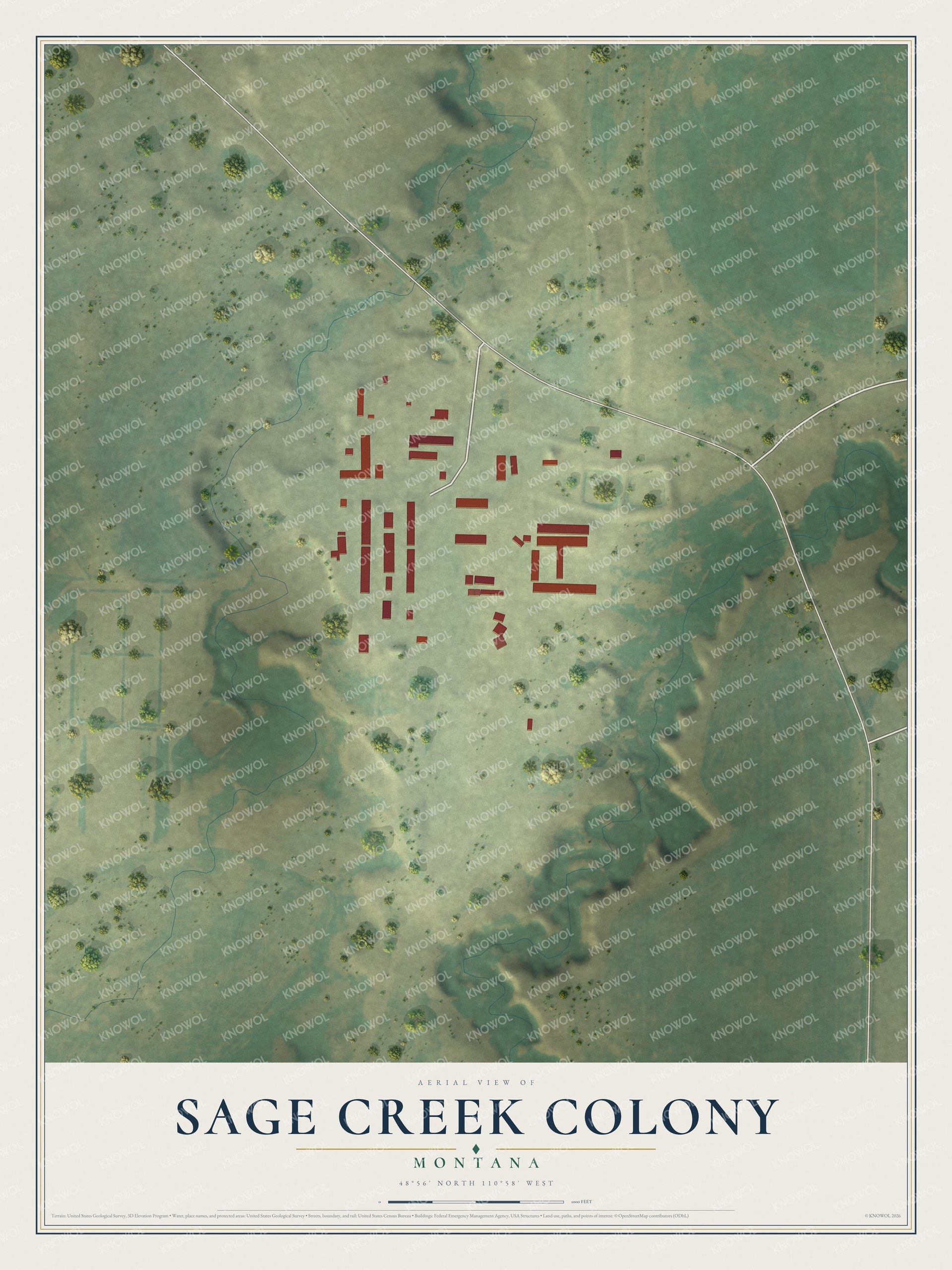 Full map of Sage Creek Colony, Montana, with red buildings, printed street names and the land around them