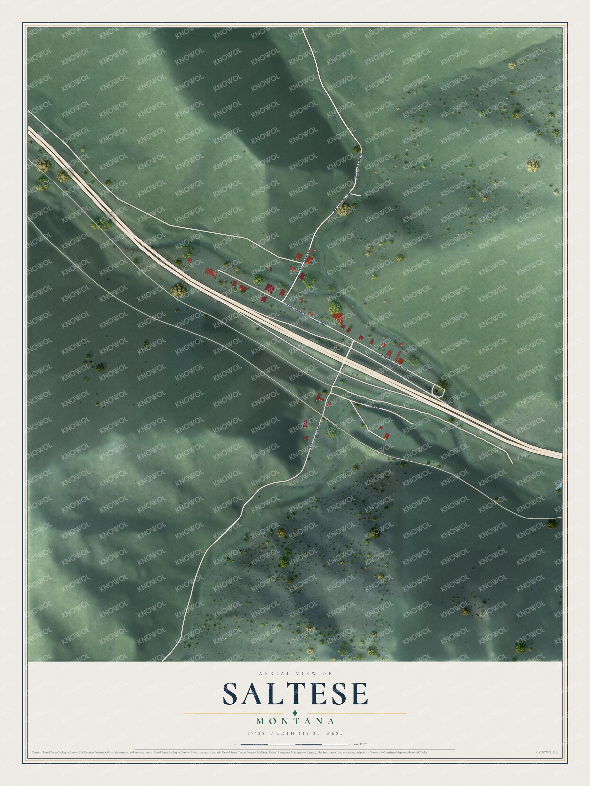 Full map of Saltese, Montana, with red buildings, printed street names and the land around them