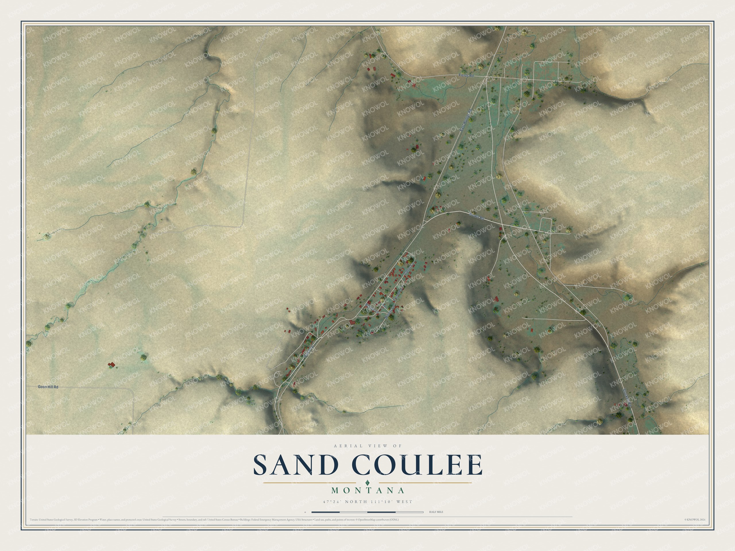 Full map of Sand Coulee, Montana, with red buildings, printed street names and the land around them