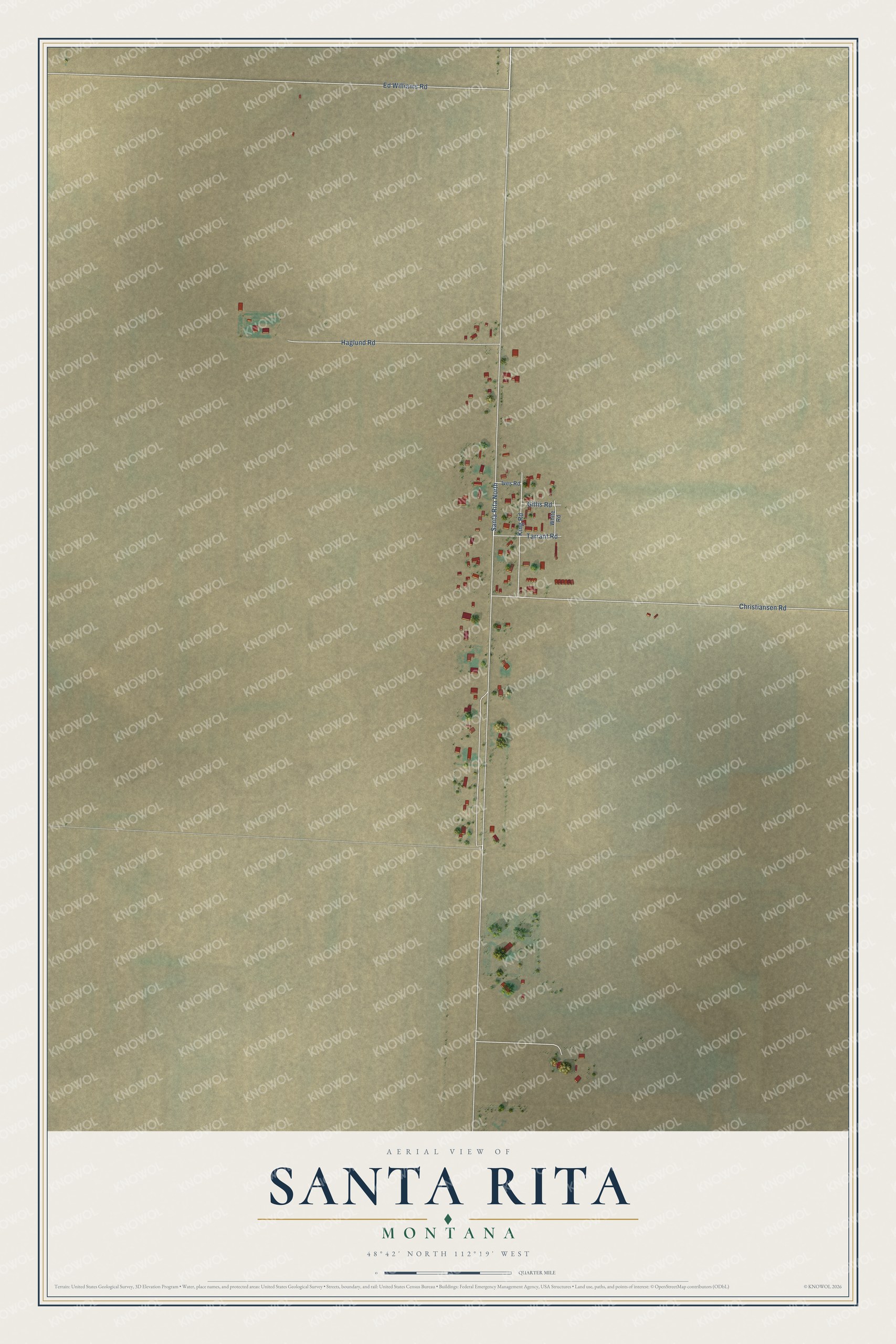 Full map of Santa Rita, Montana, with red buildings, printed street names and the land around them