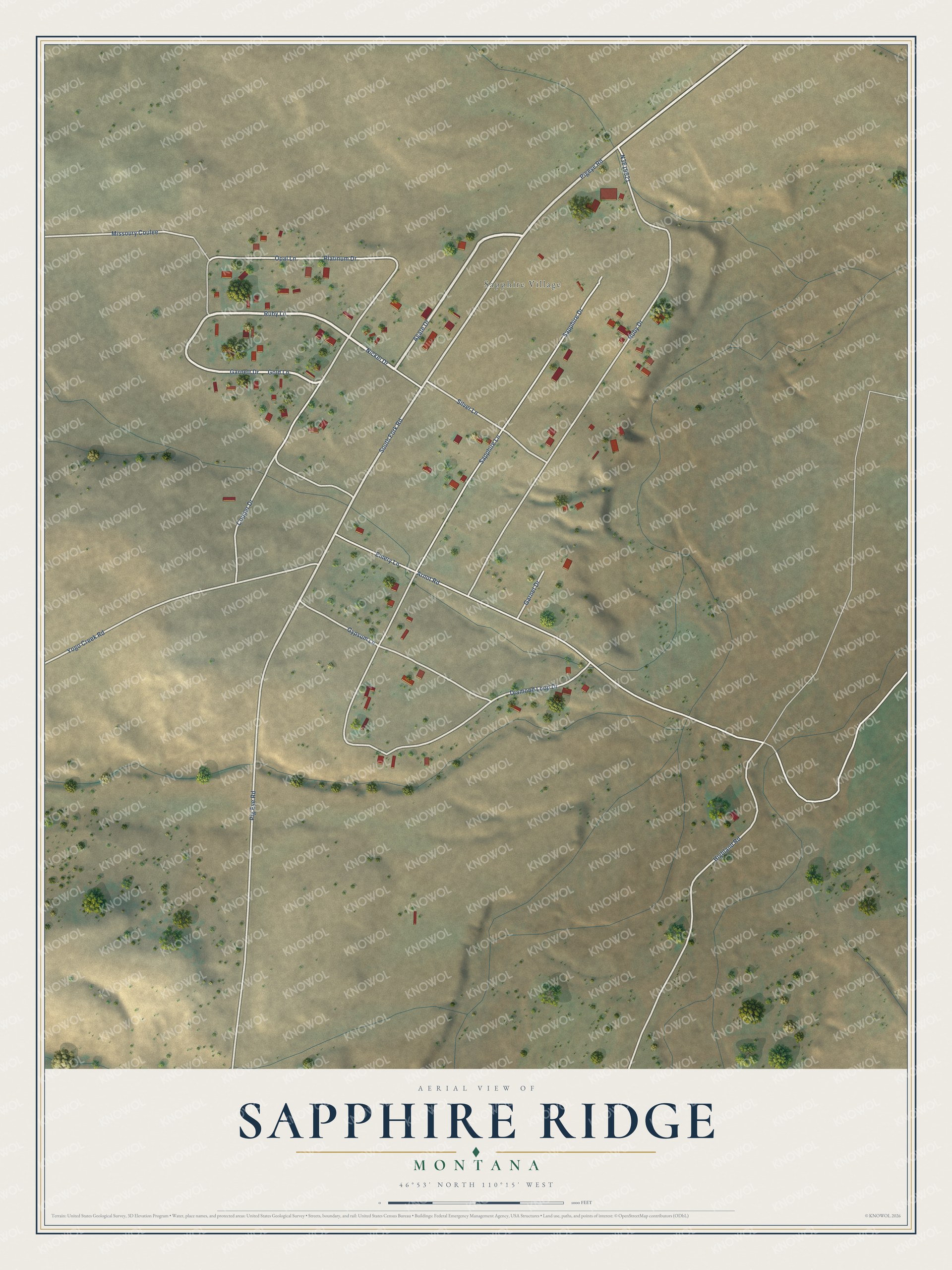 Full map of Sapphire Ridge, Montana, with red buildings, printed street names and the land around them