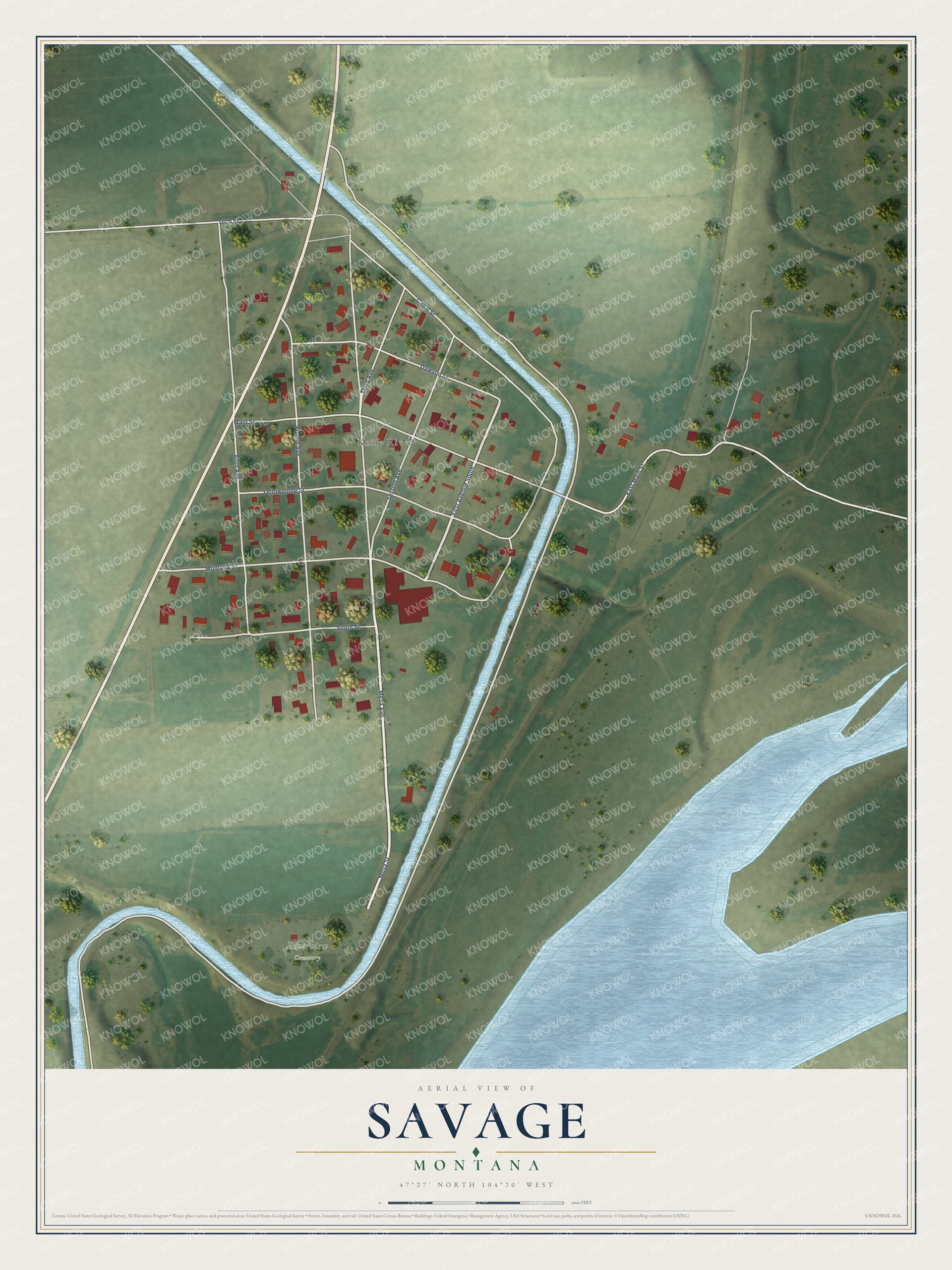Full map of Savage, Montana, with red buildings, printed street names and the land around them