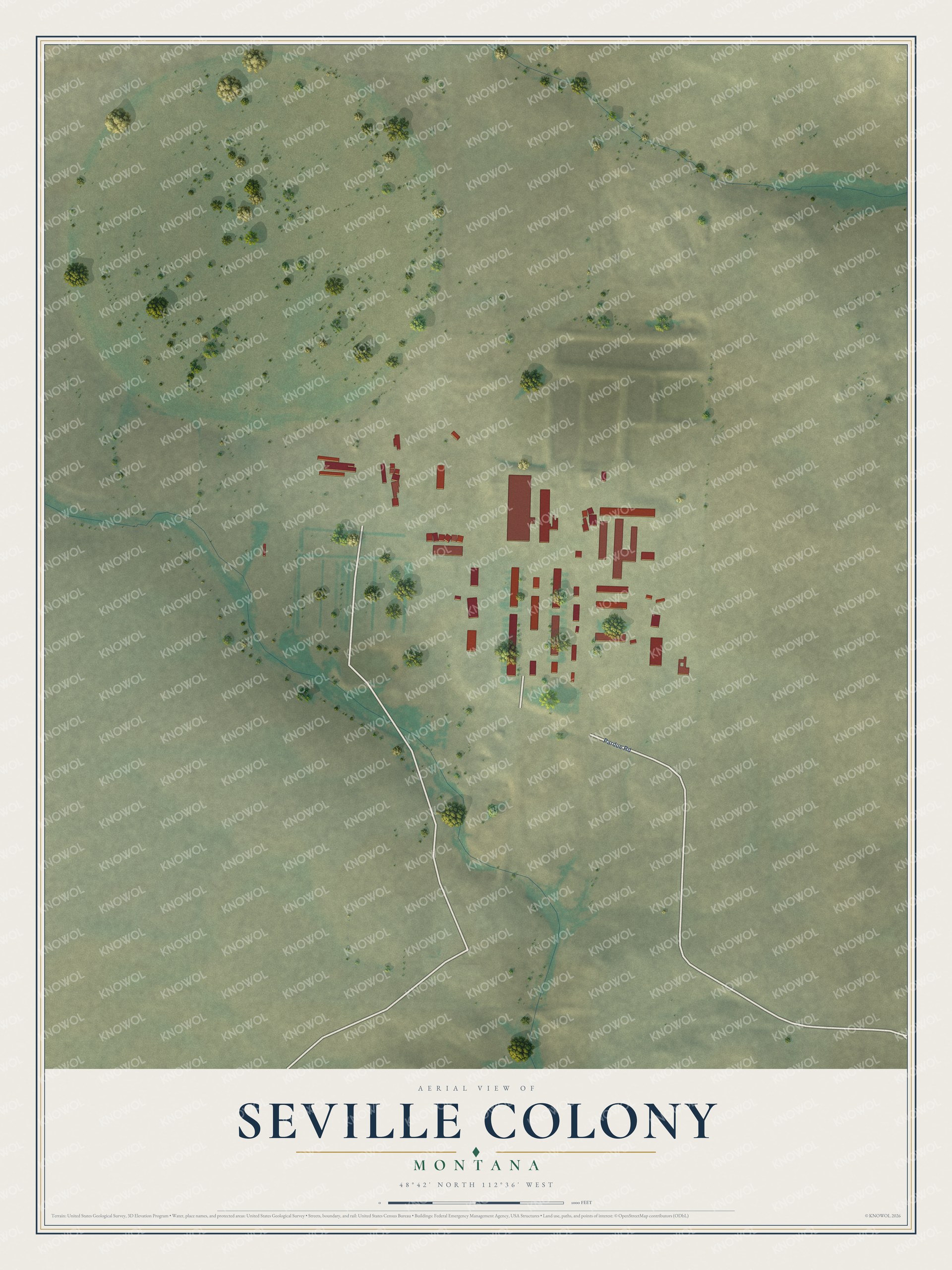 Full map of Seville Colony, Montana, with red buildings, printed street names and the land around them