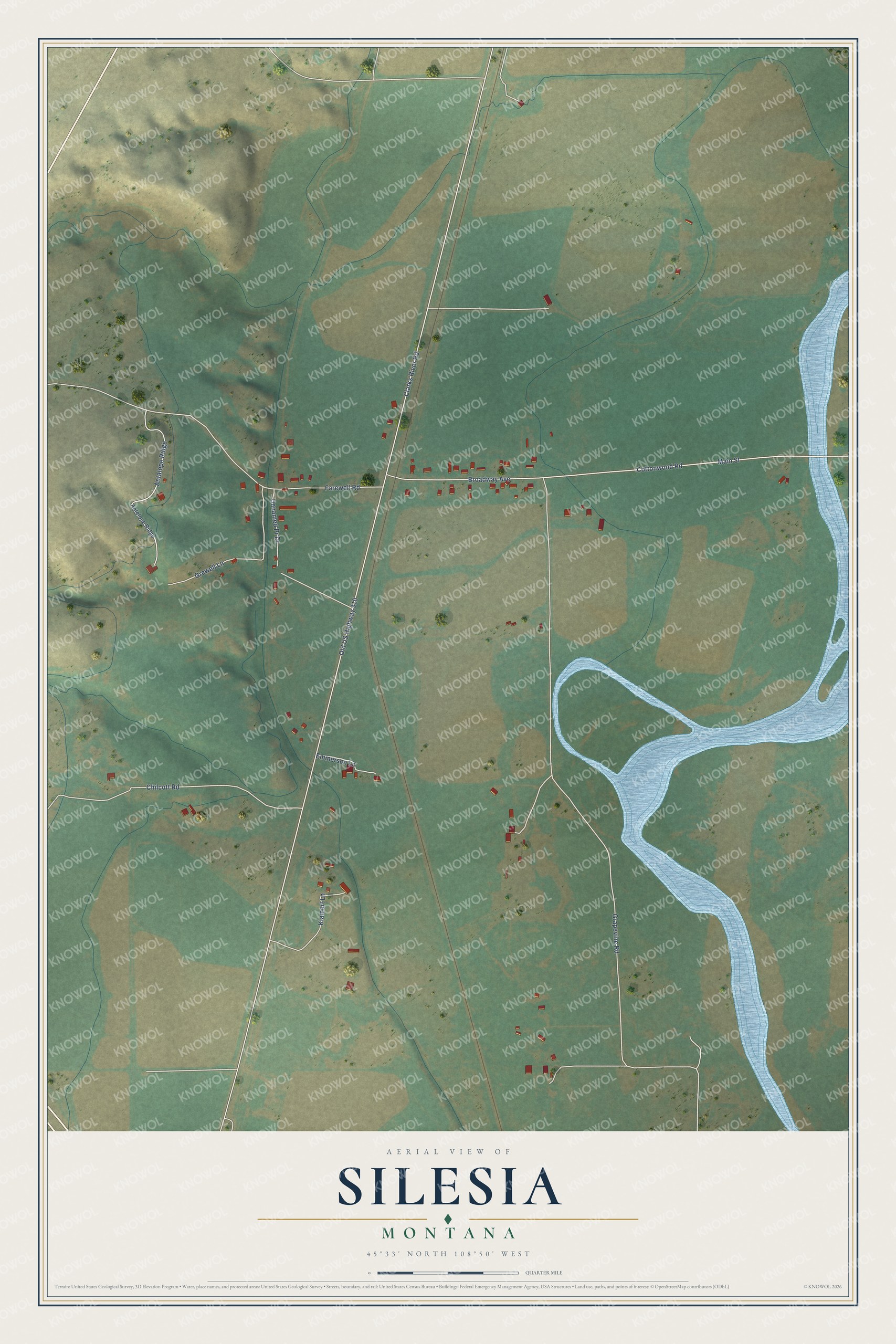 Full map of Silesia, Montana, with red buildings, printed street names and the land around them