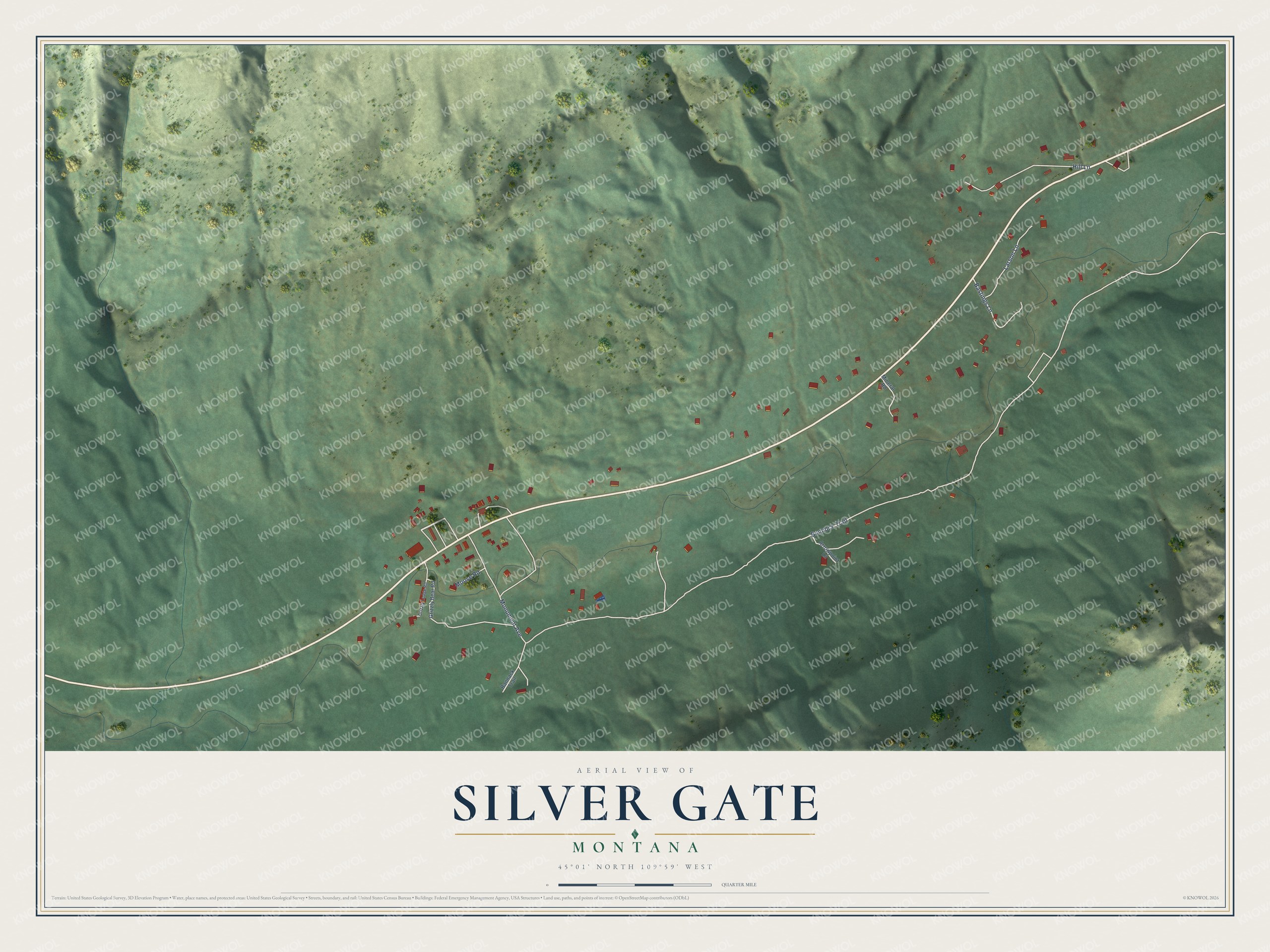 Full map of Silver Gate, Montana, with red buildings, printed street names and the land around them