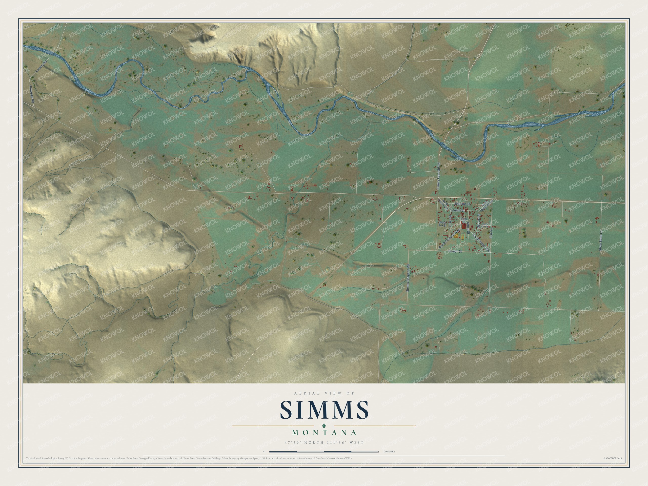 Full map of Simms, Montana, with red buildings, printed street names and the land around them