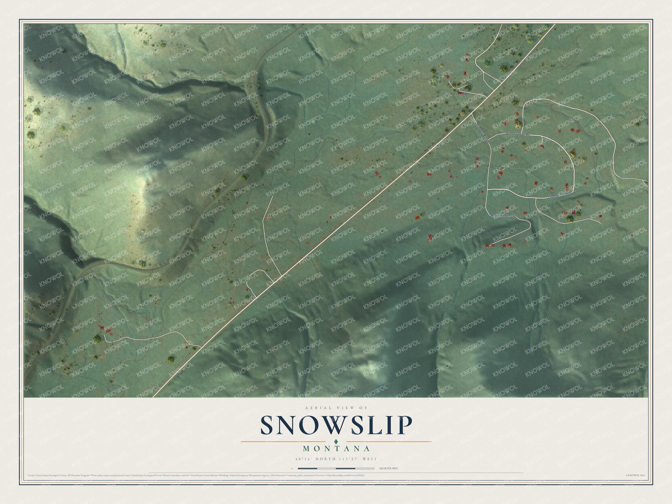 Full map of Snowslip, Montana, with red buildings, printed street names and the land around them