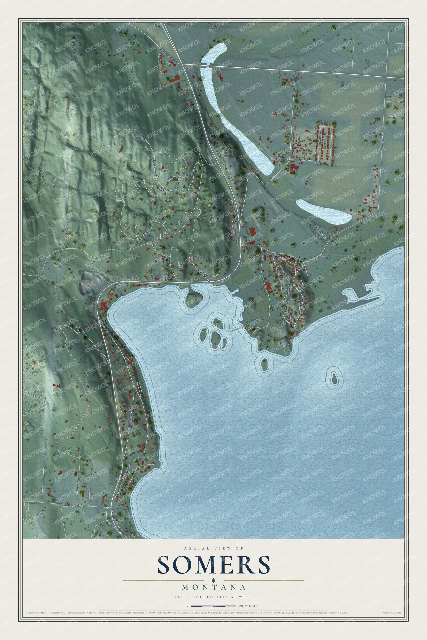 Full map of Somers, Montana, with red buildings, printed street names and the land around them