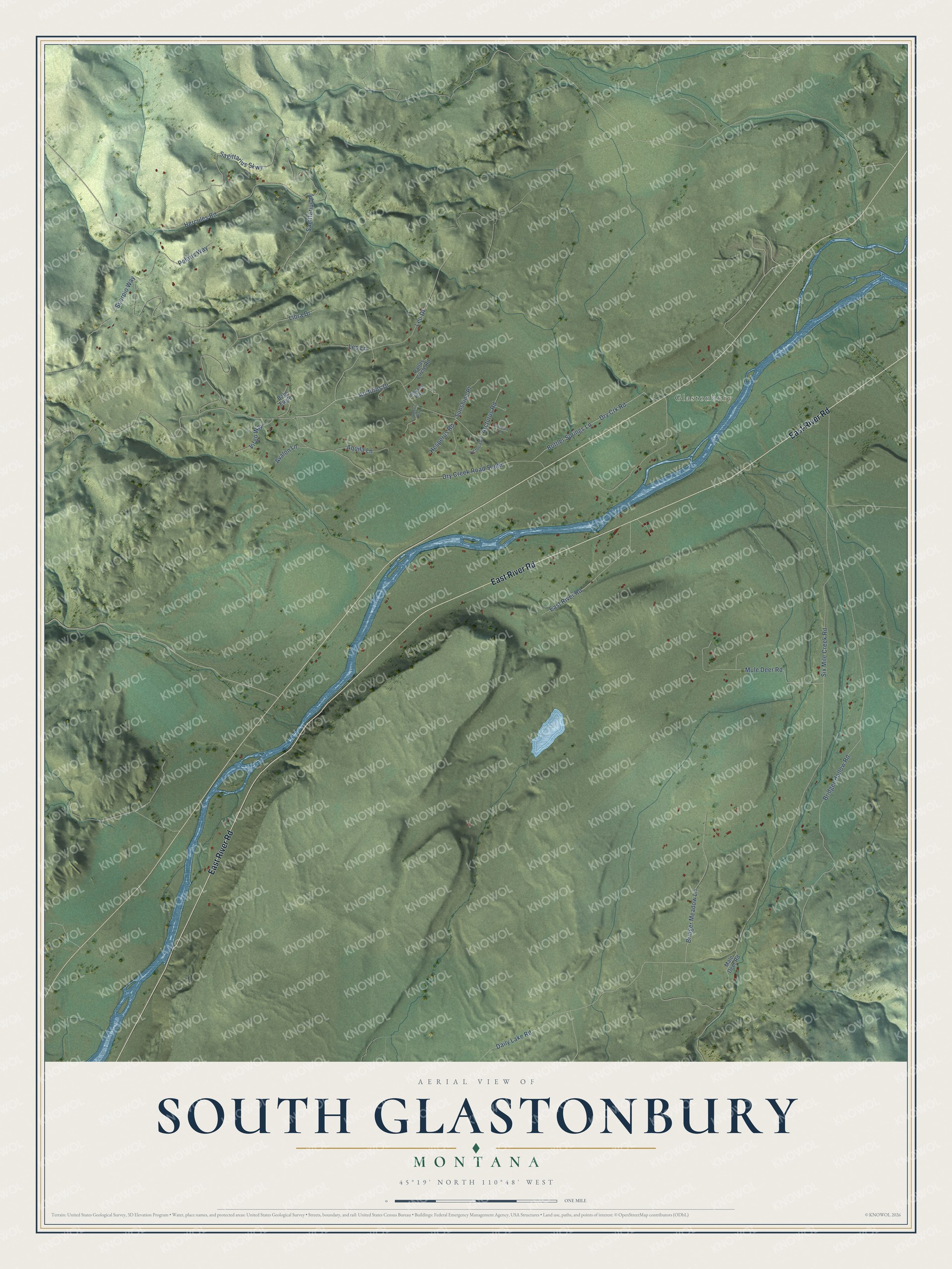 Full map of South Glastonbury, Montana, with red buildings, printed street names and the land around them