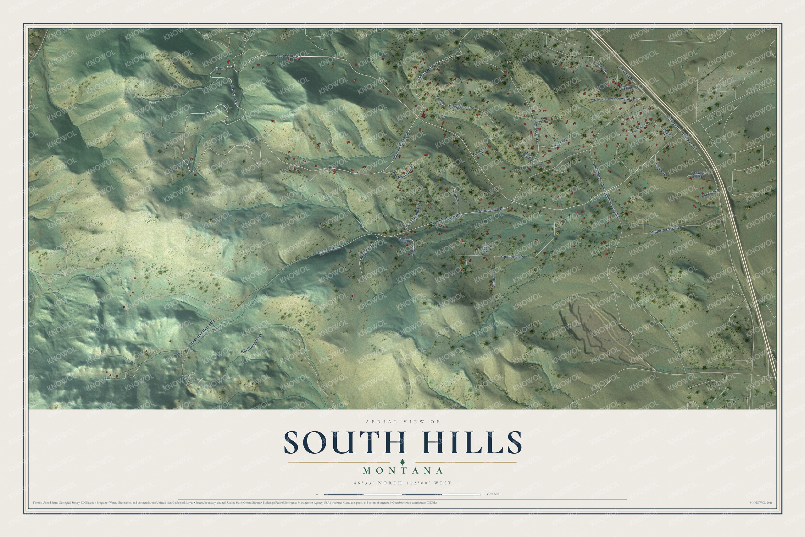 Full map of South Hills, Montana, with red buildings, printed street names and the land around them
