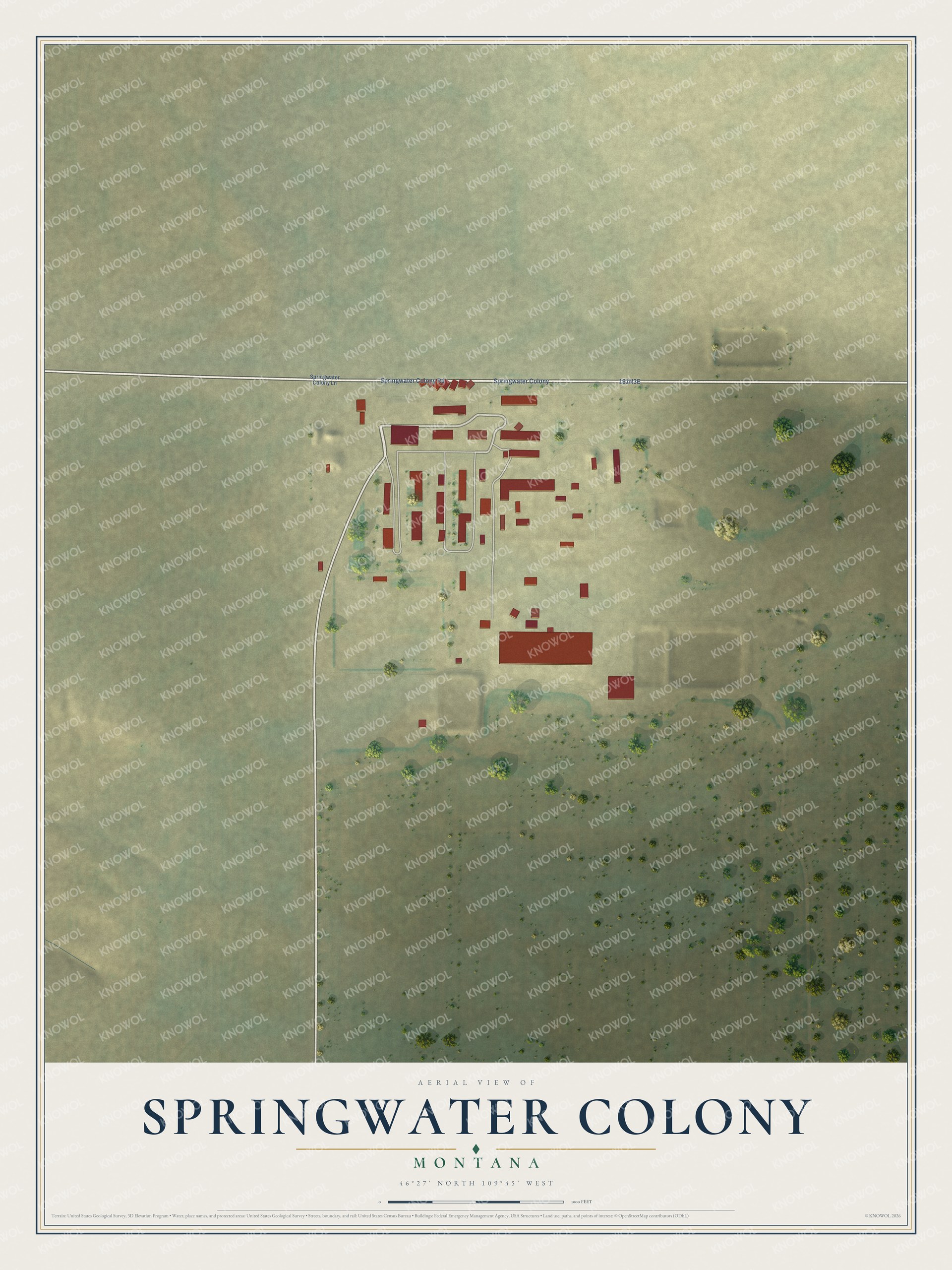 Full map of Springwater Colony, Montana, with red buildings, printed street names and the land around them