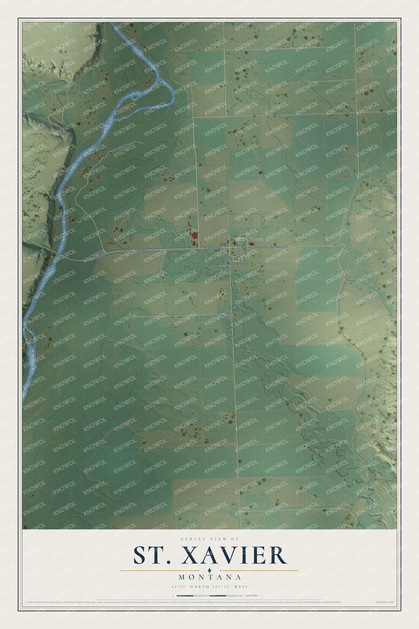 Full map of St. Xavier, Montana, with red buildings, printed street names and the land around them
