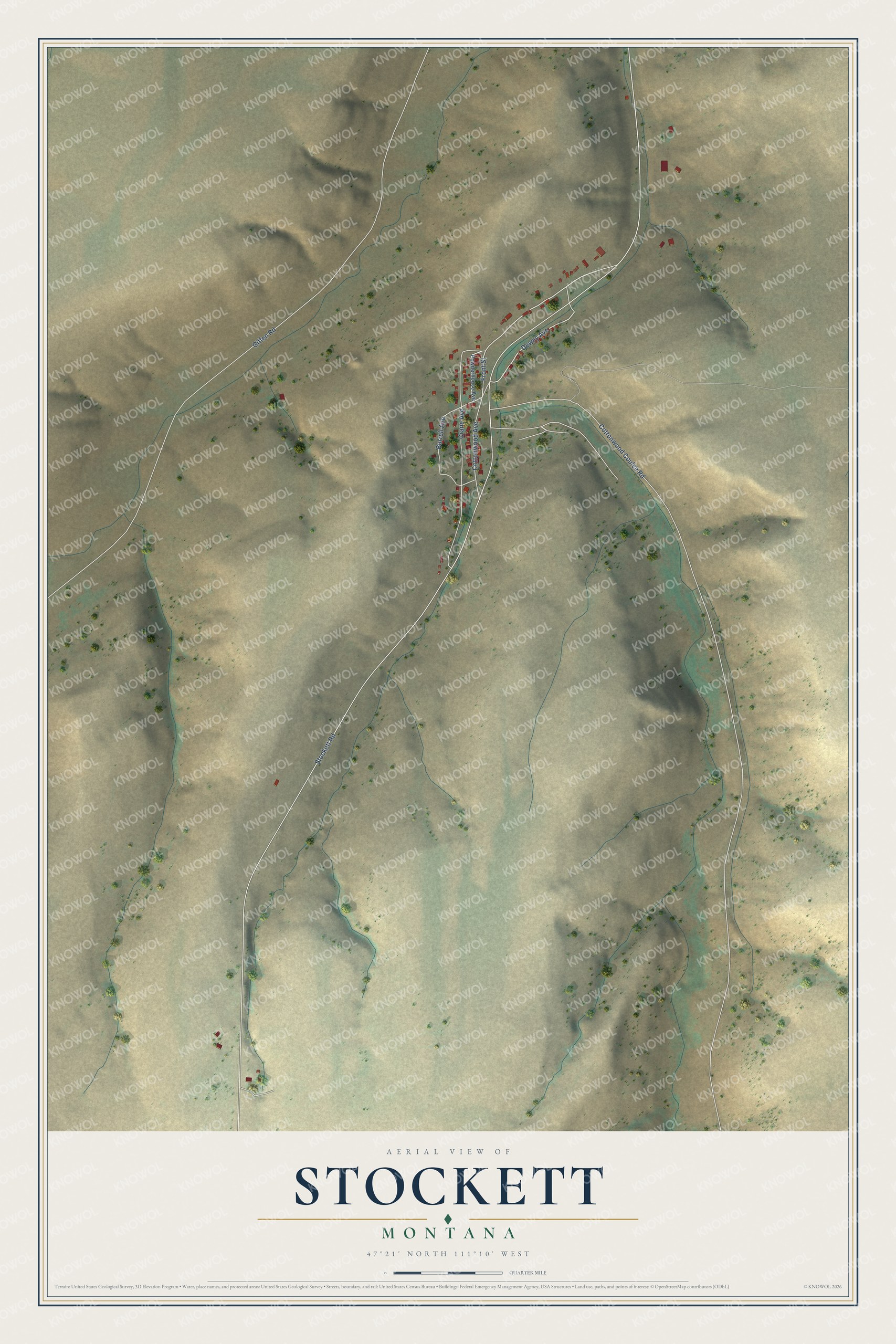 Full map of Stockett, Montana, with red buildings, printed street names and the land around them