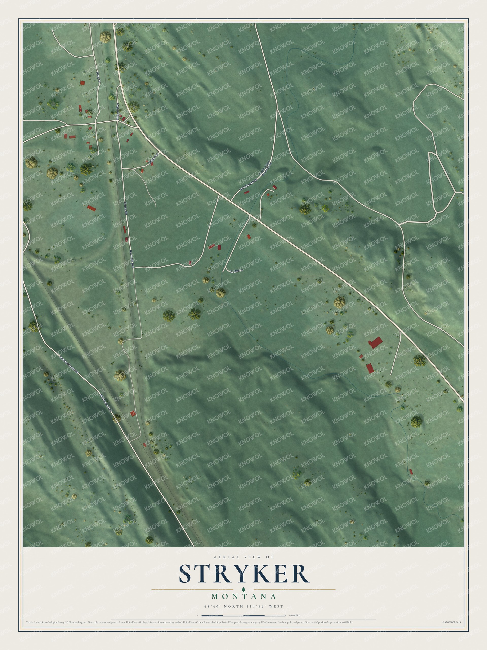 Full map of Stryker, Montana, with red buildings, printed street names and the land around them