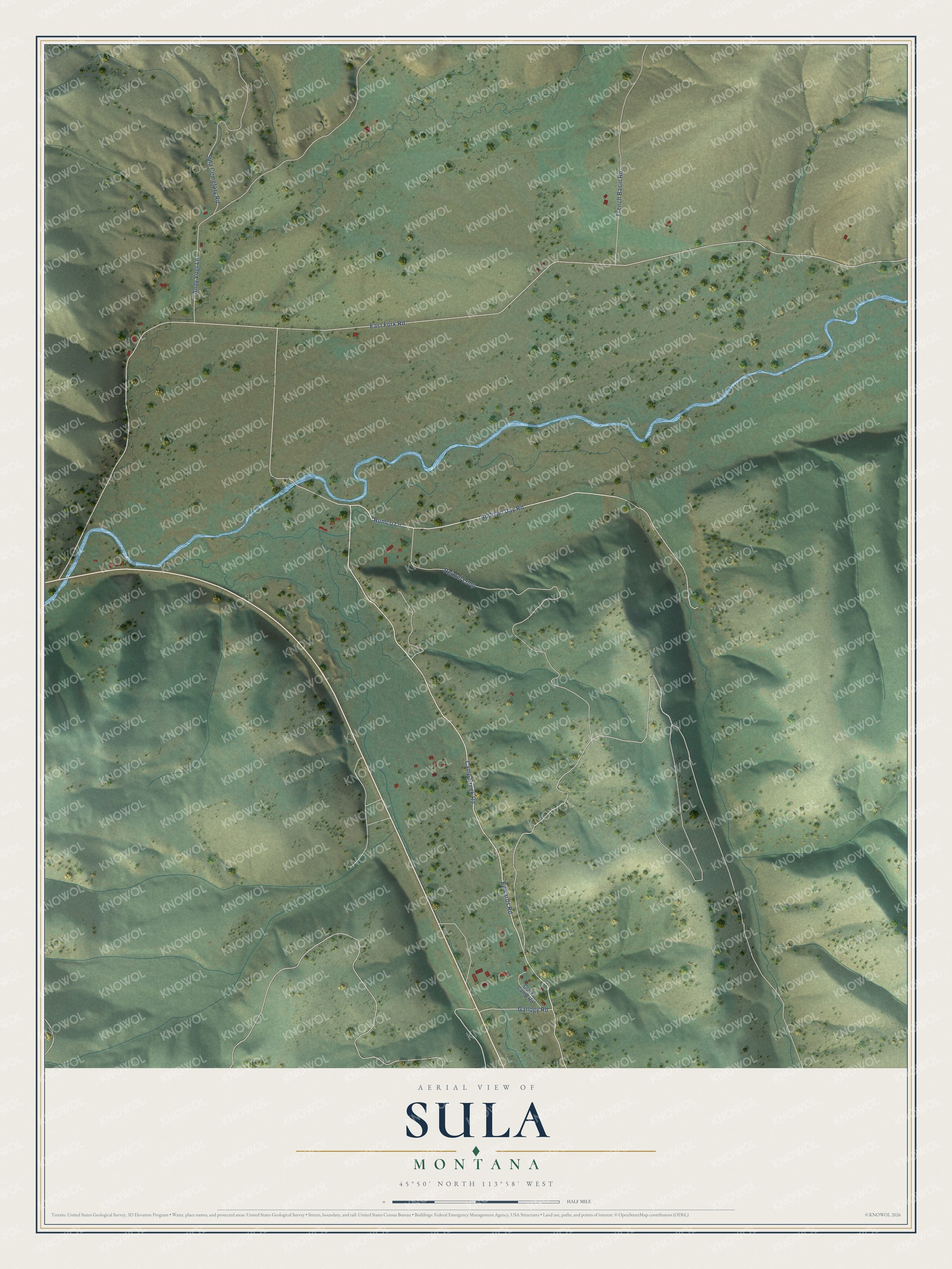 Full map of Sula, Montana, with red buildings, printed street names and the land around them