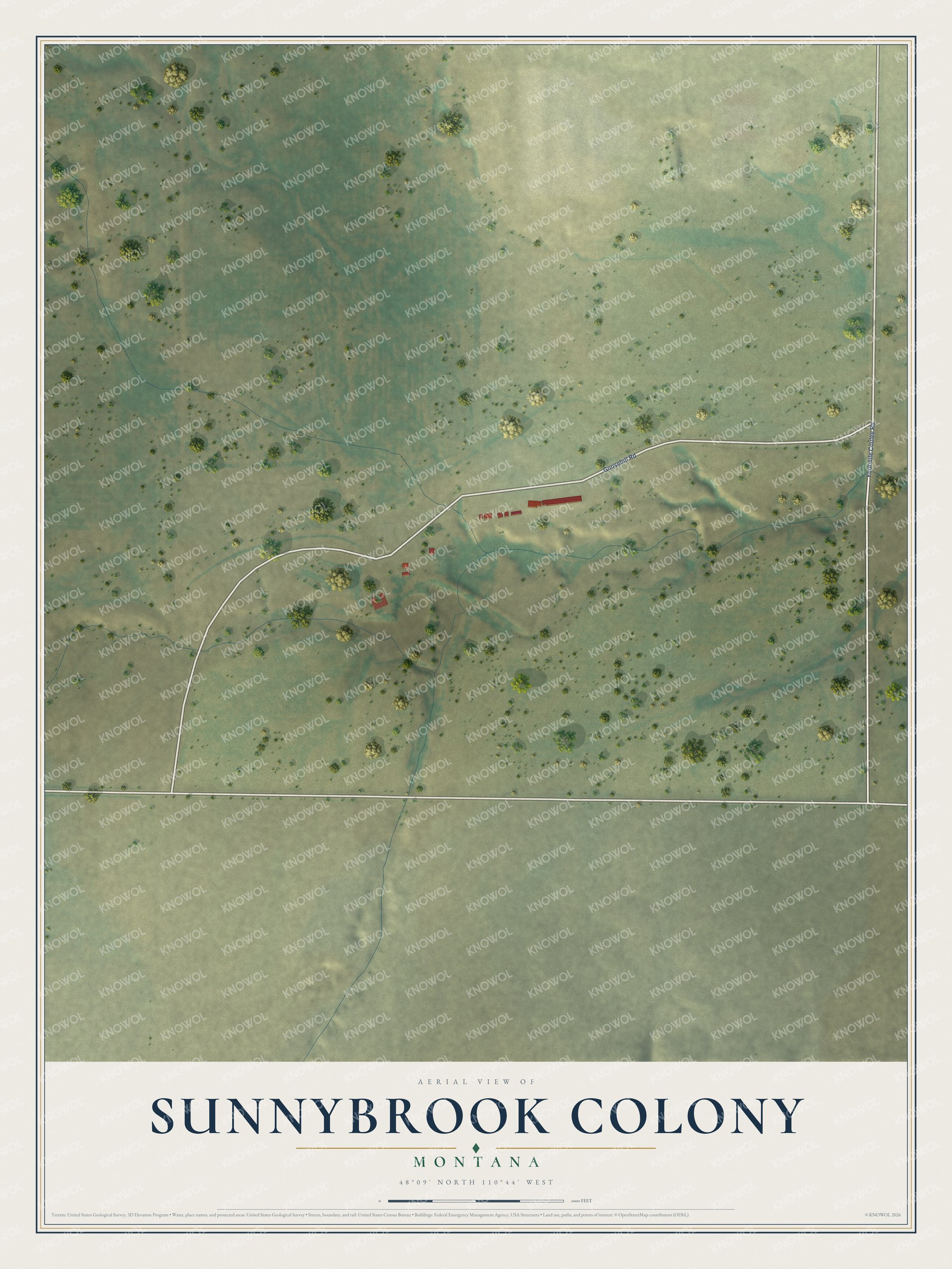 Full map of Sunnybrook Colony, Montana, with red buildings, printed street names and the land around them