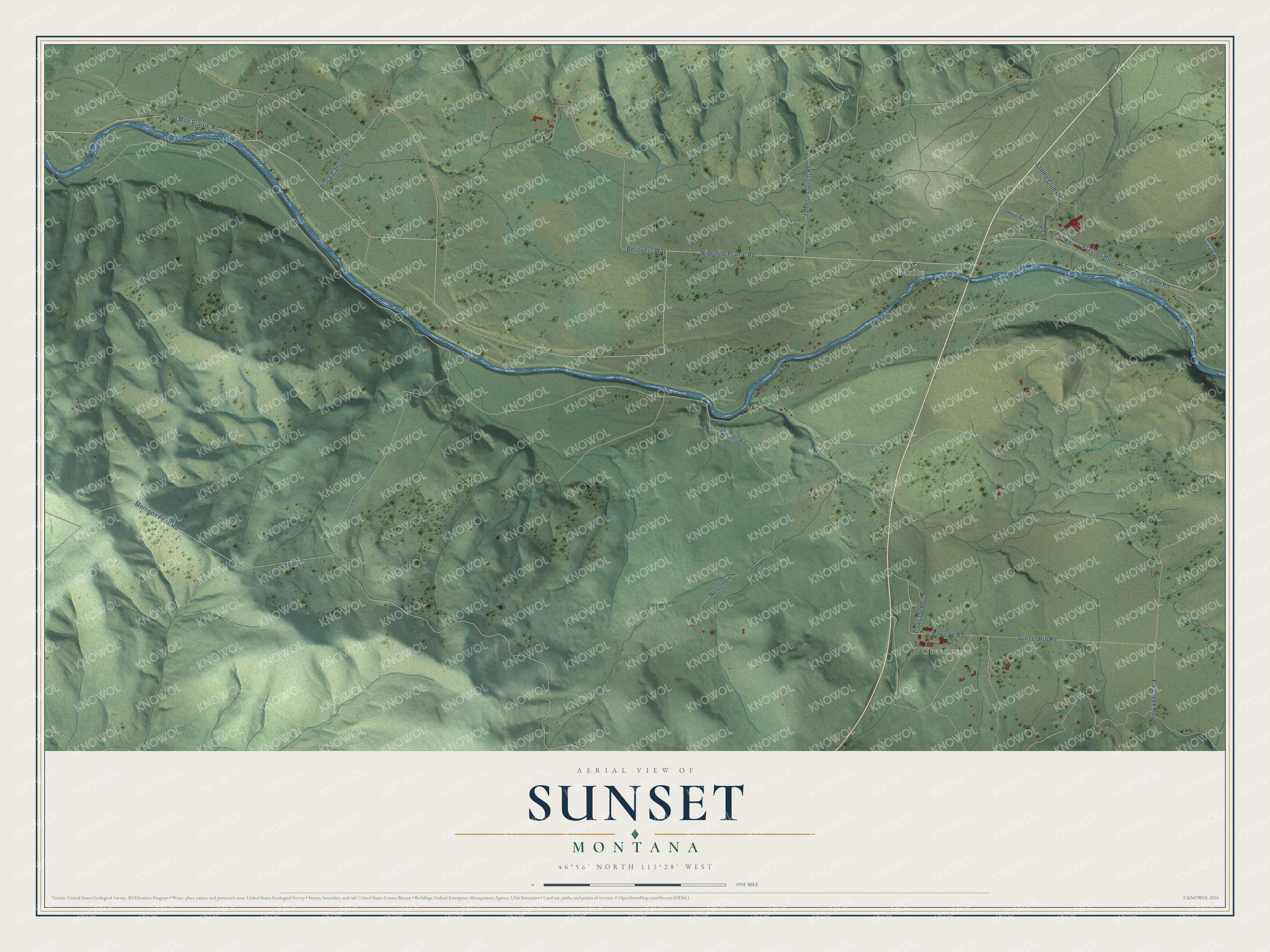 Full map of Sunset, Montana, with red buildings, printed street names and the land around them