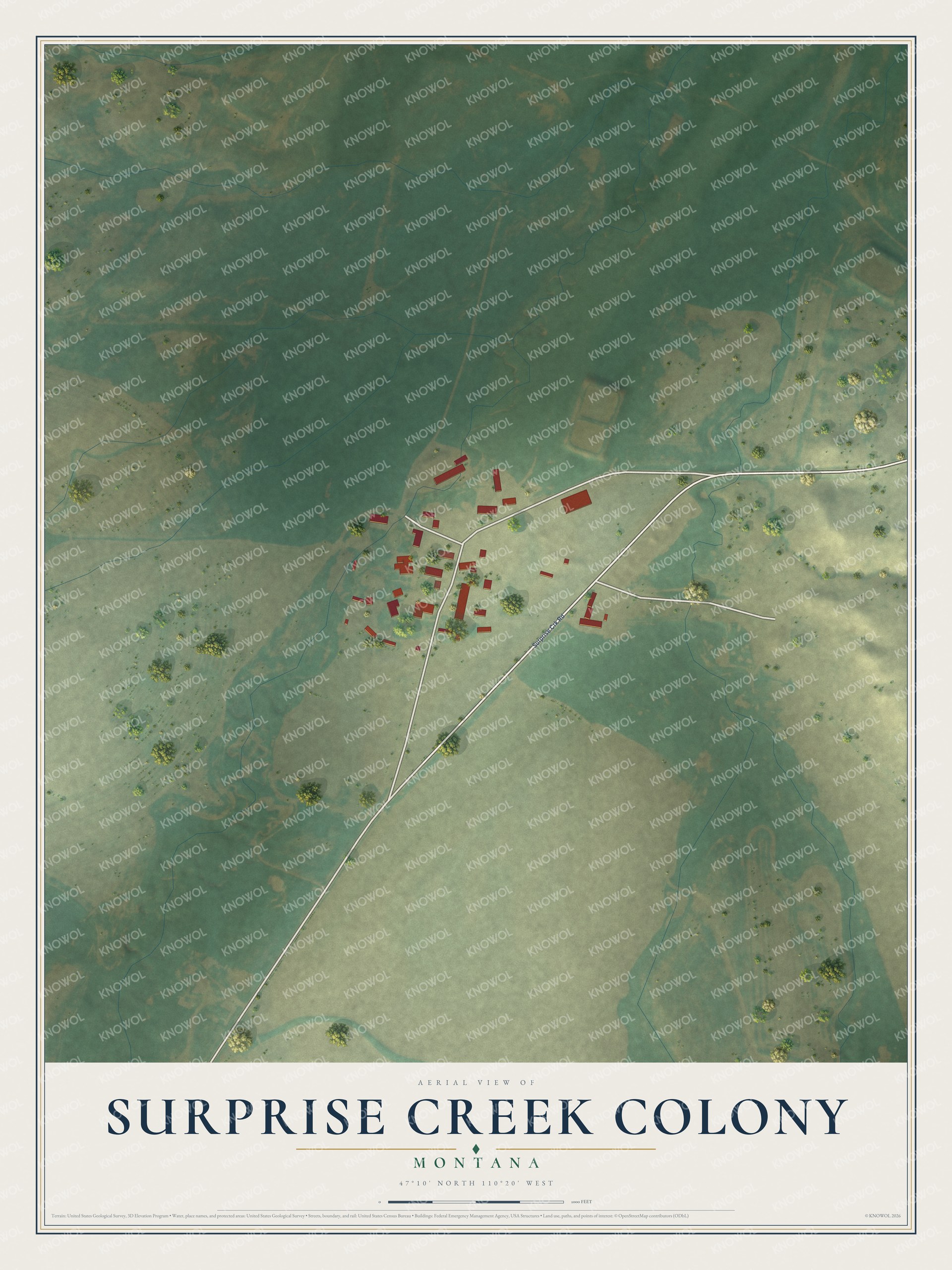 Full map of Surprise Creek Colony, Montana, with red buildings, printed street names and the land around them