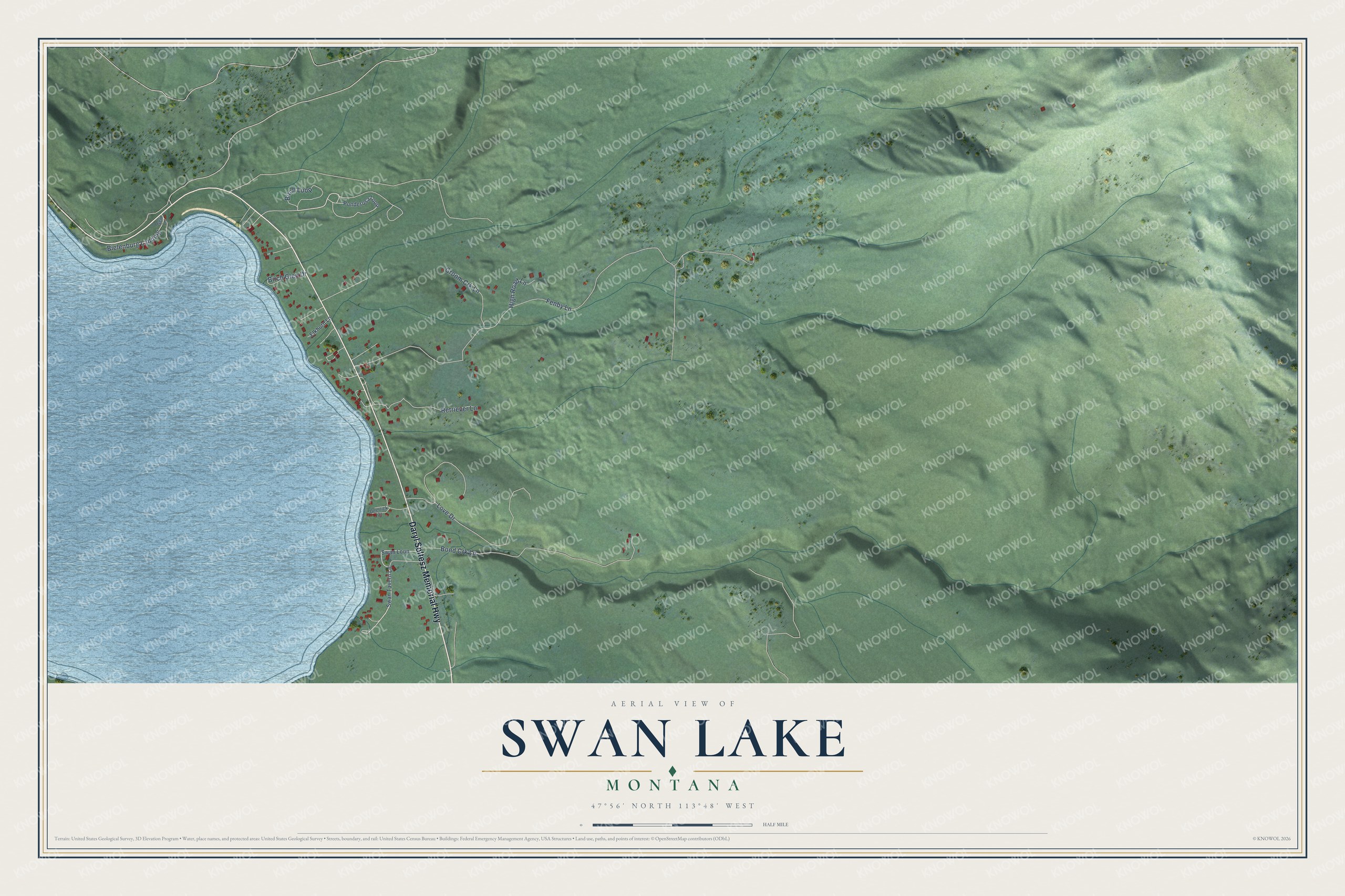 Full map of Swan Lake, Montana, with red buildings, printed street names and the land around them