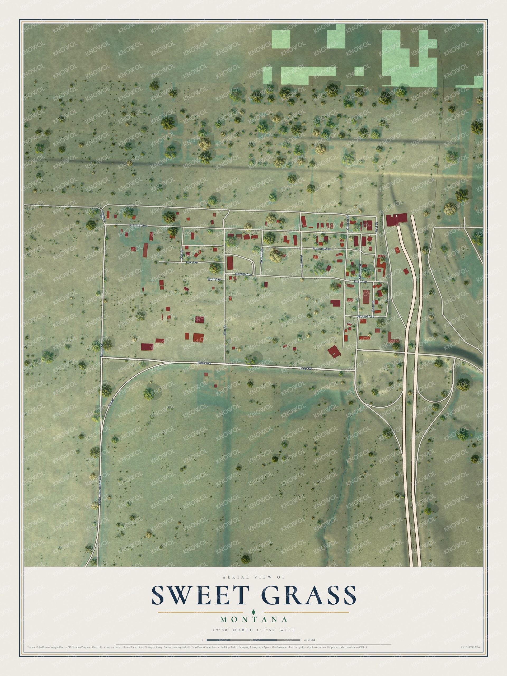 Full map of Sweet Grass, Montana, with red buildings, printed street names and the land around them