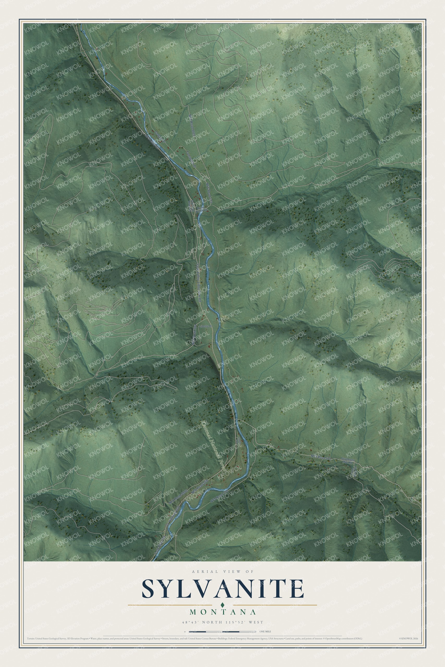 Full map of Sylvanite, Montana, with red buildings, printed street names and the land around them