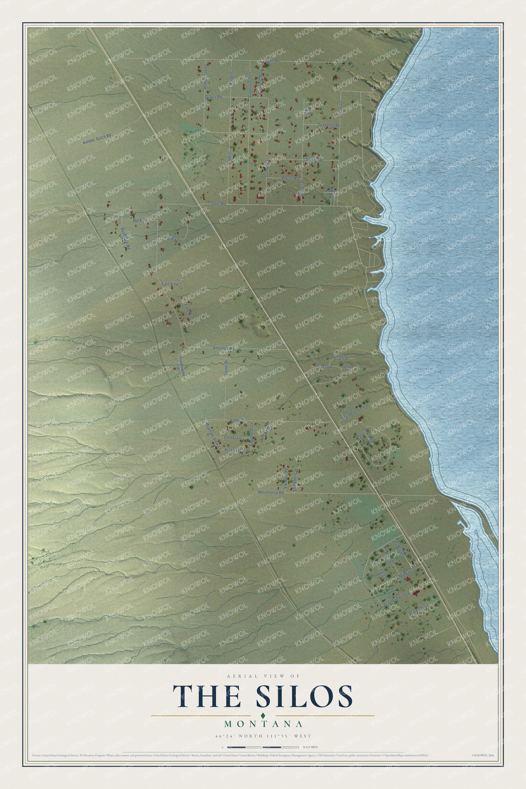 Full map of The Silos, Montana, with red buildings, printed street names and the land around them