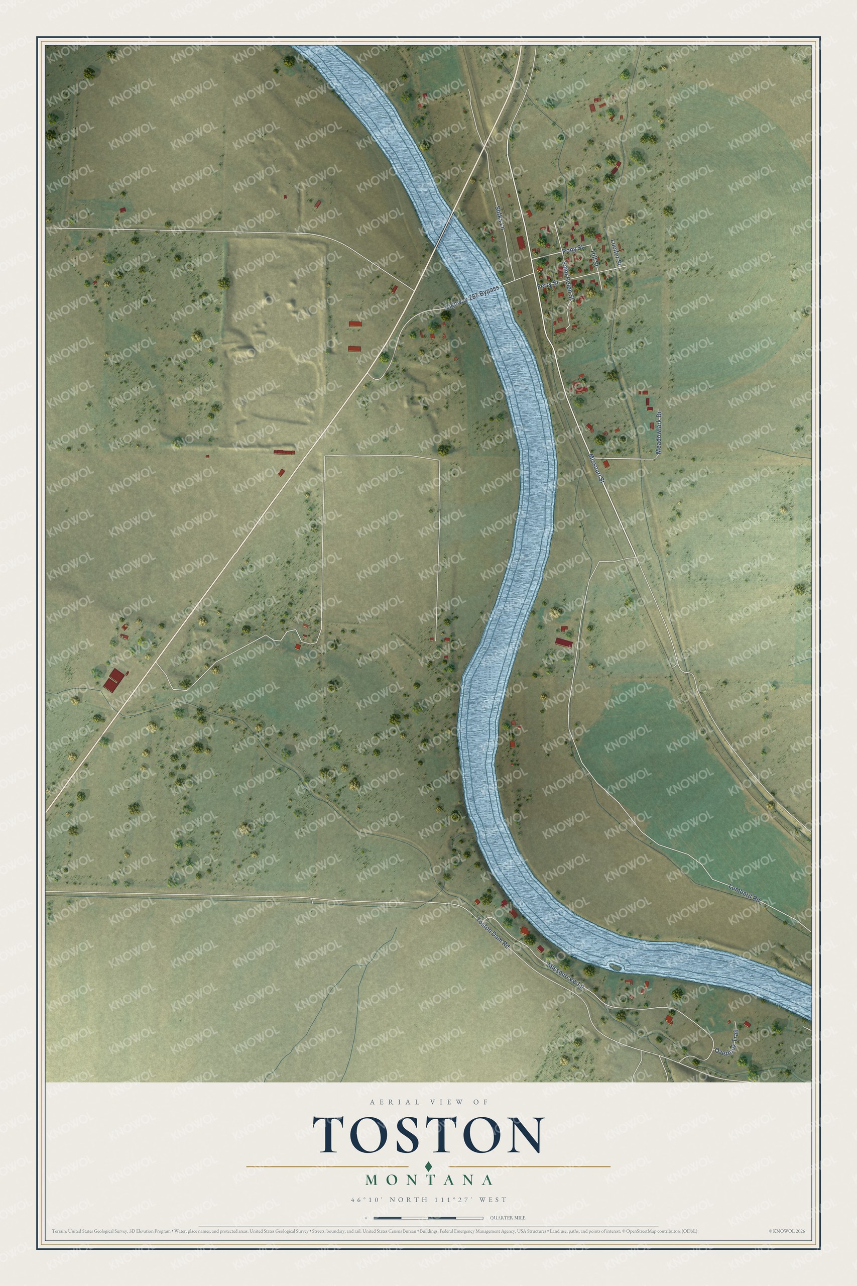 Full map of Toston, Montana, with red buildings, printed street names and the land around them
