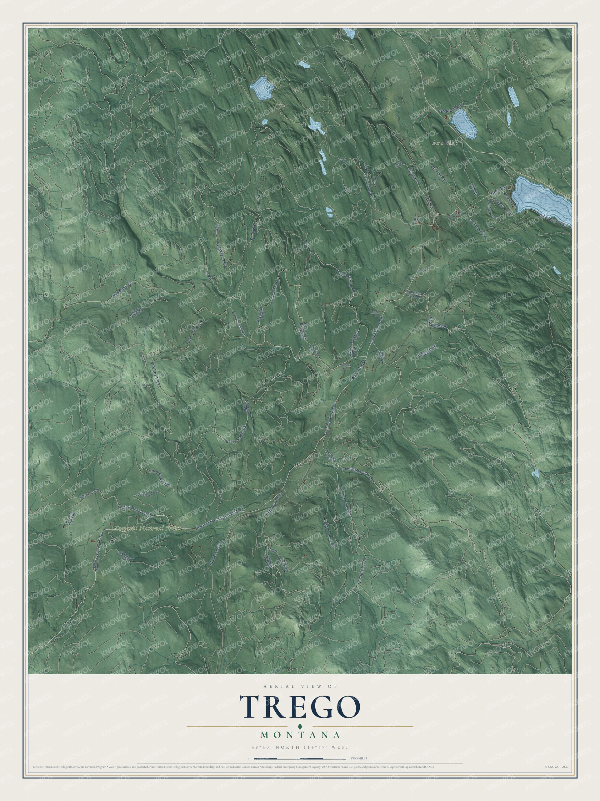 Full map of Trego, Montana, with red buildings, printed street names and the land around them