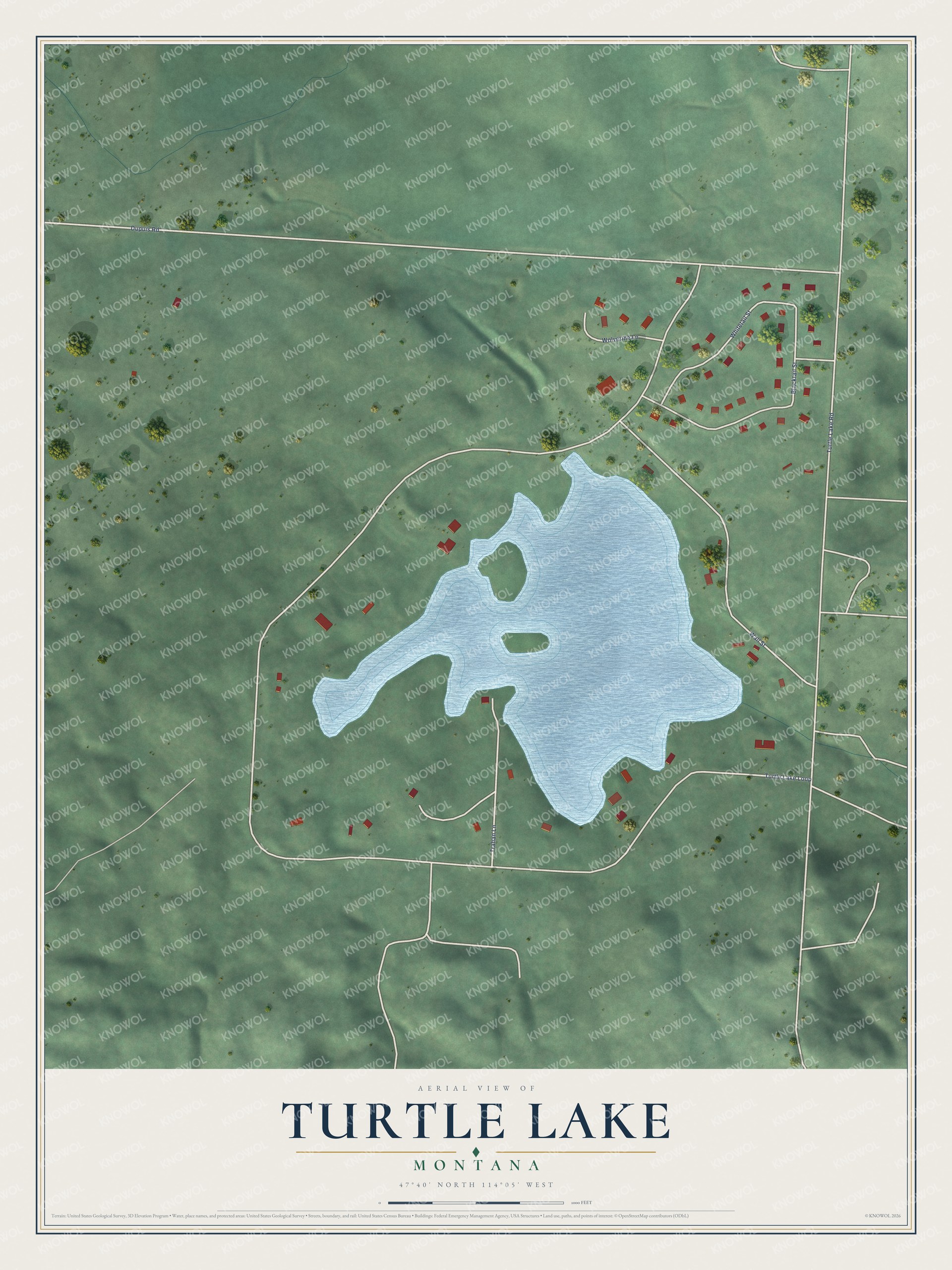 Full map of Turtle Lake, Montana, with red buildings, printed street names and the land around them
