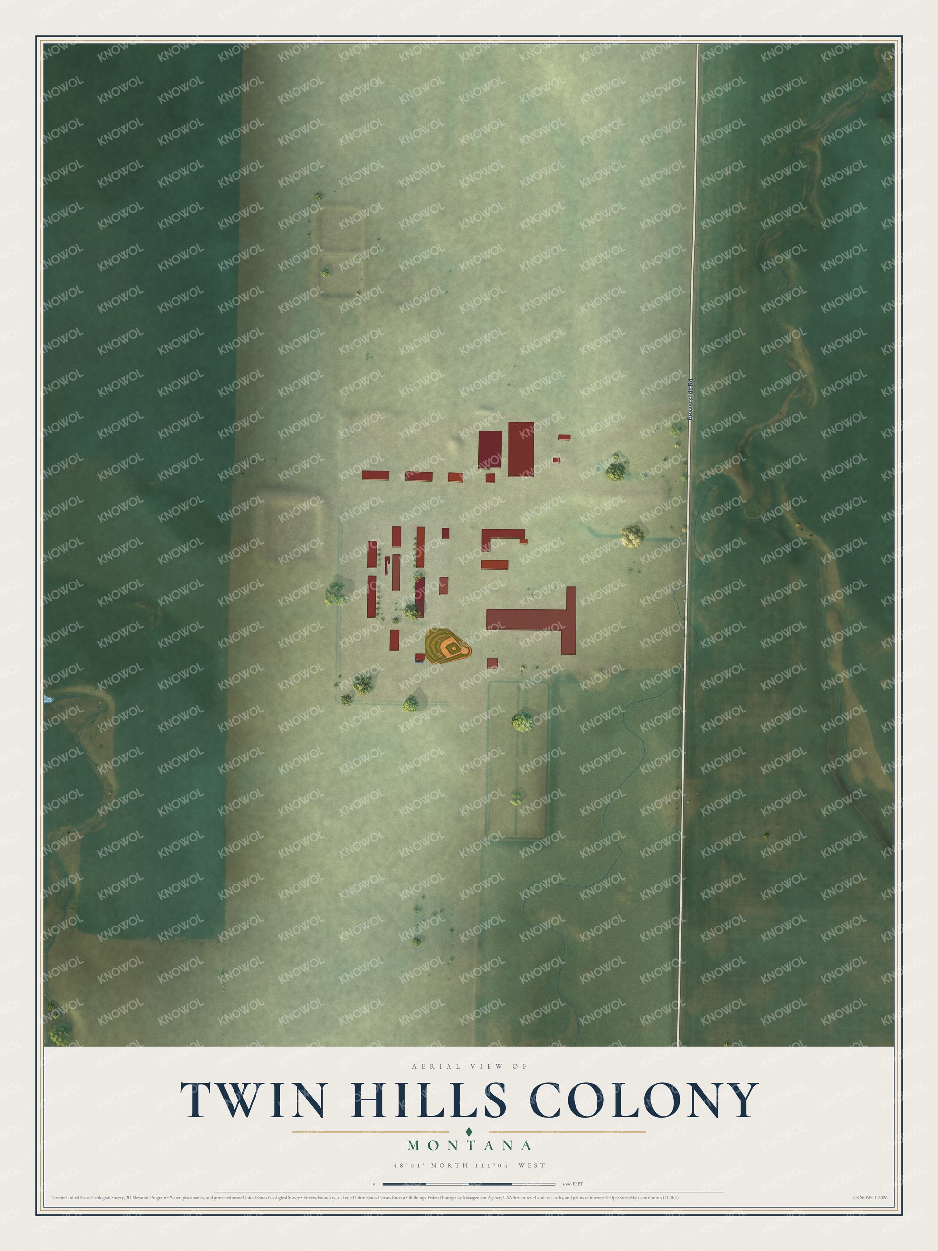 Full map of Twin Hills Colony, Montana, with red buildings, printed street names and the land around them