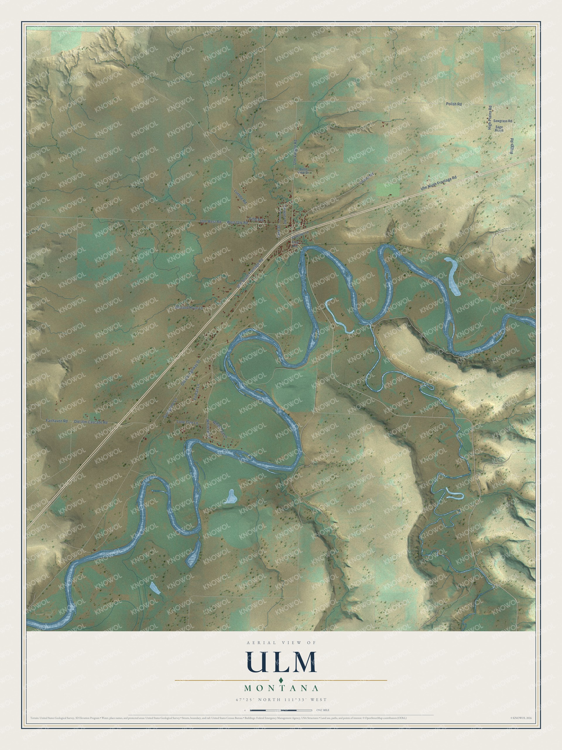 Full map of Ulm, Montana, with red buildings, printed street names and the land around them