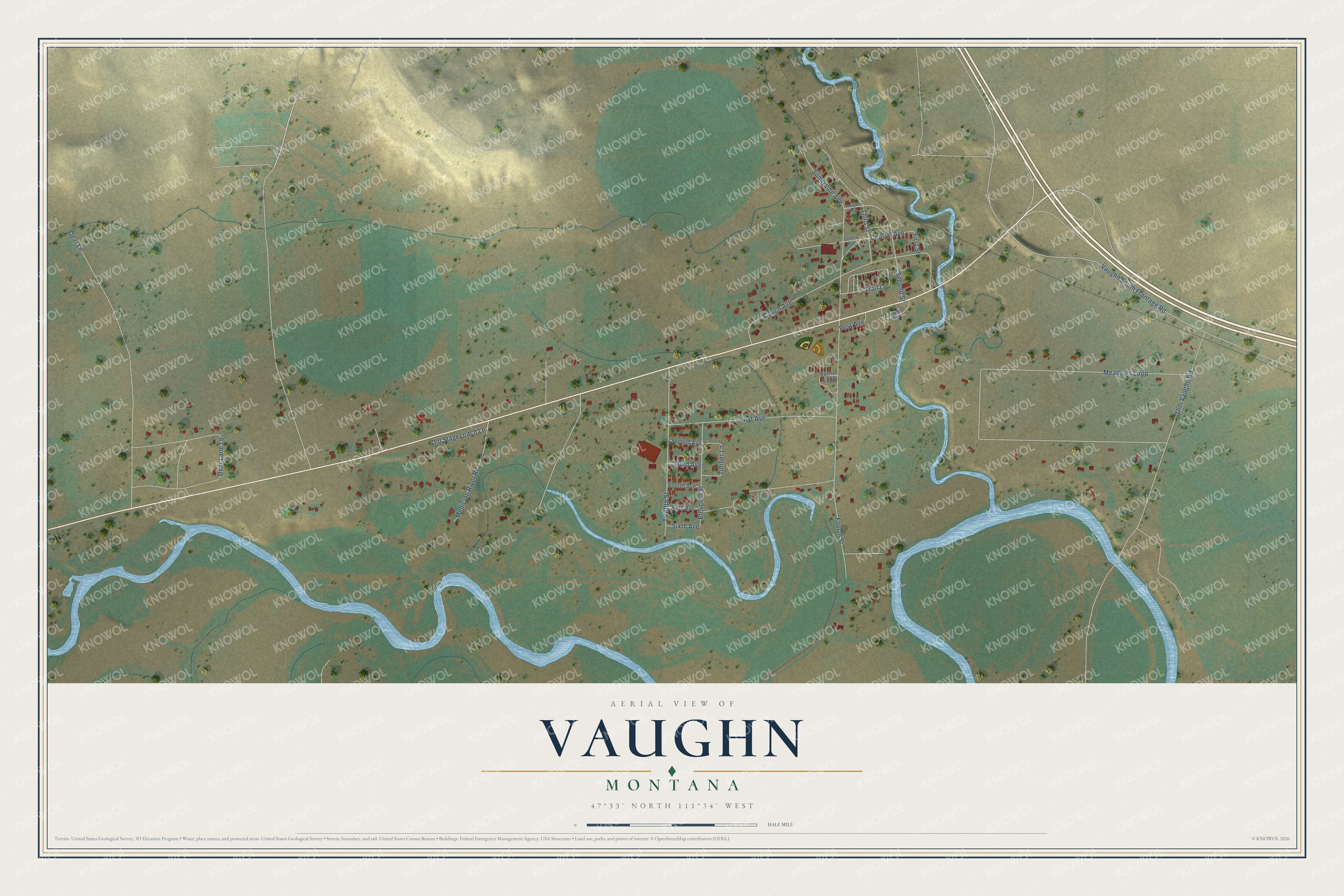 Full map of Vaughn, Montana, with red buildings, printed street names and the land around them