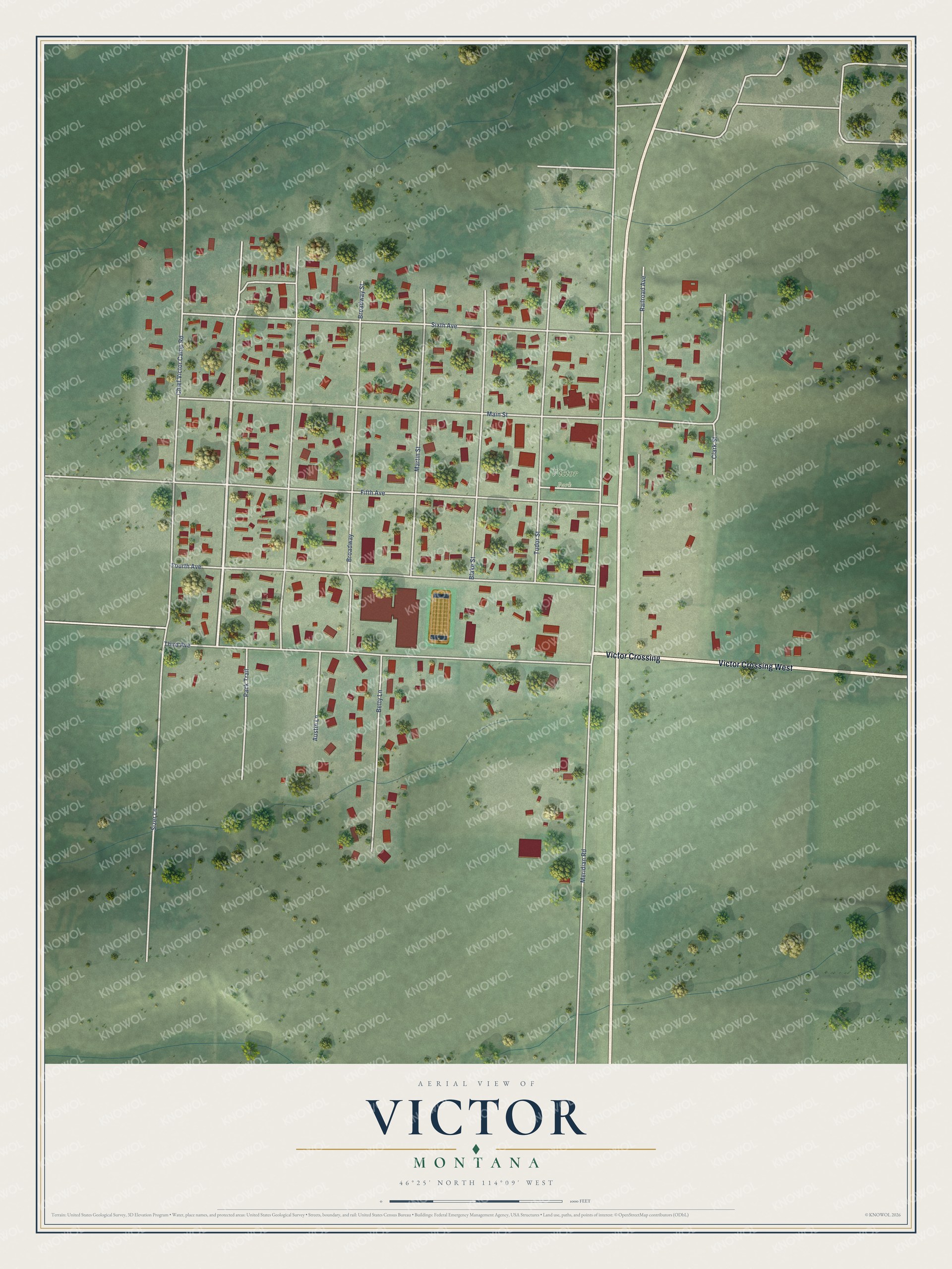 Full map of Victor, Montana, with red buildings, printed street names and the land around them