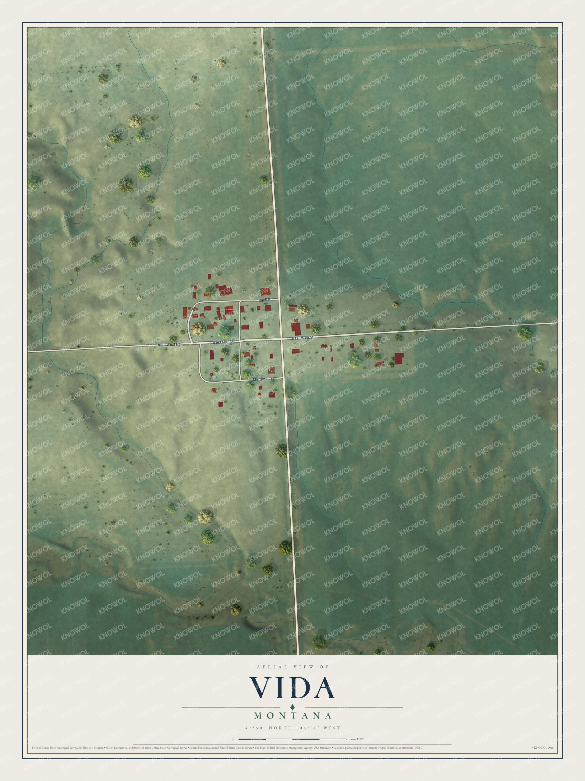 Full map of Vida, Montana, with red buildings, printed street names and the land around them