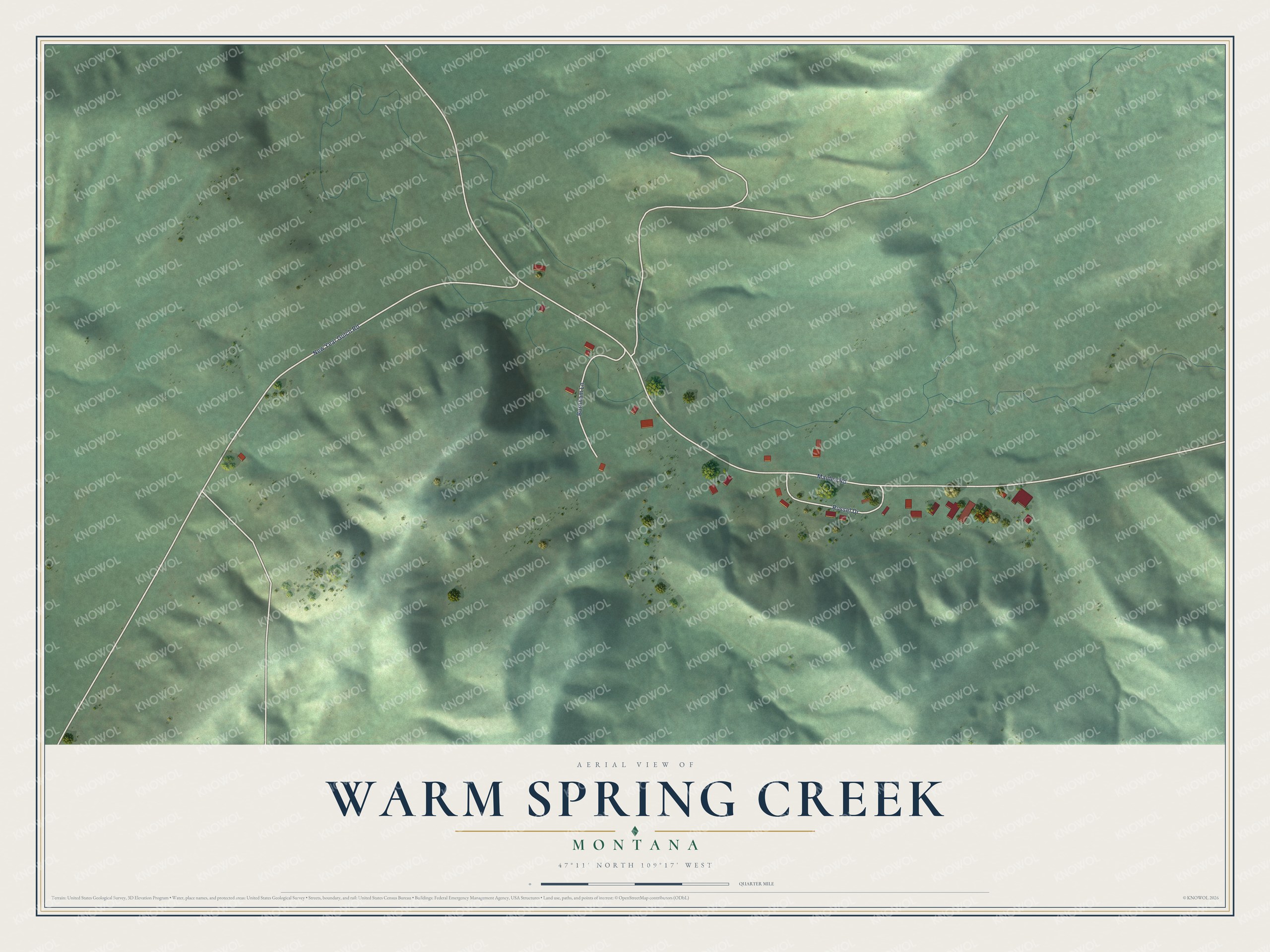 Full map of Warm Spring Creek, Montana, with red buildings, printed street names and the land around them