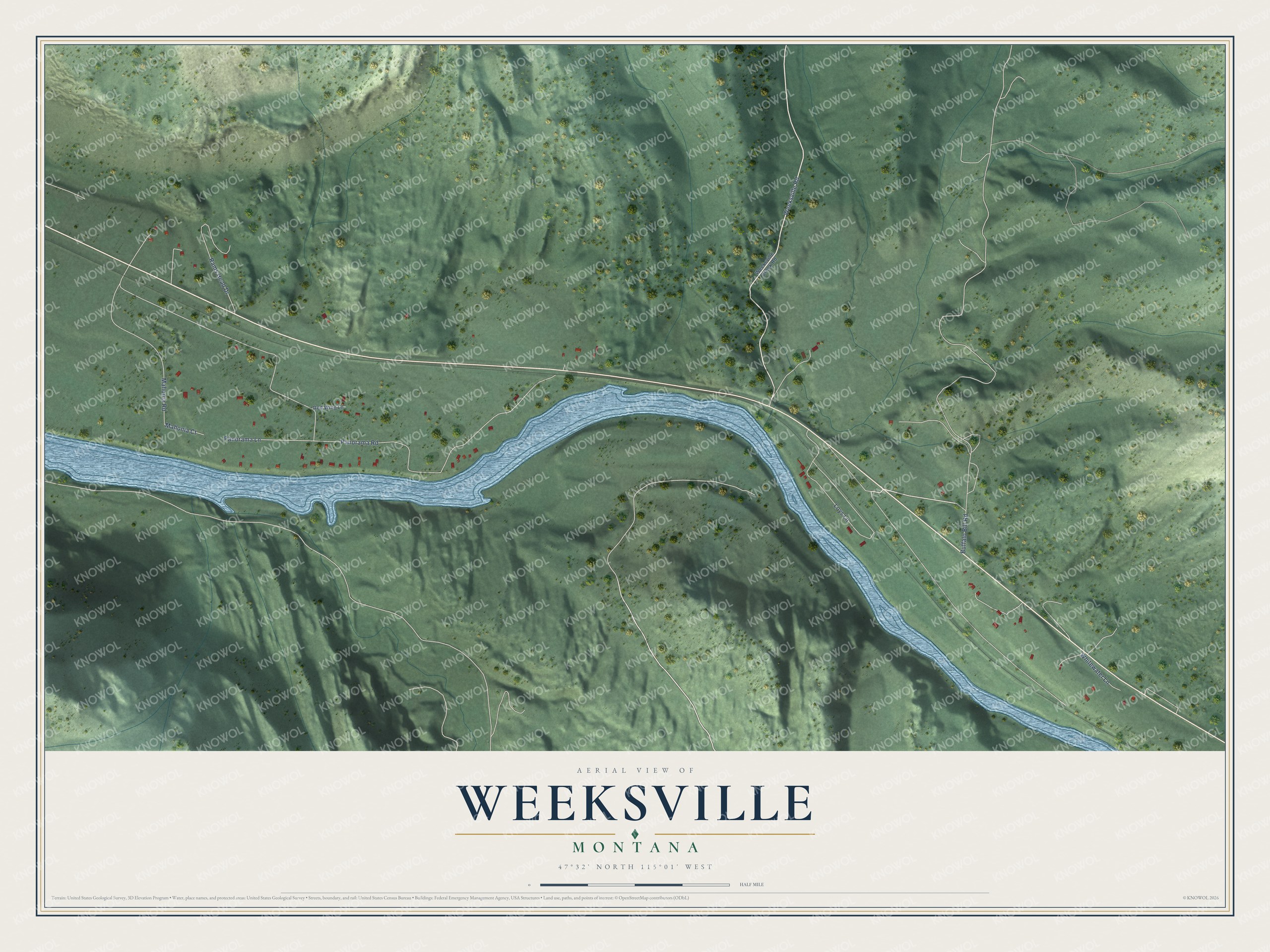 Full map of Weeksville, Montana, with red buildings, printed street names and the land around them