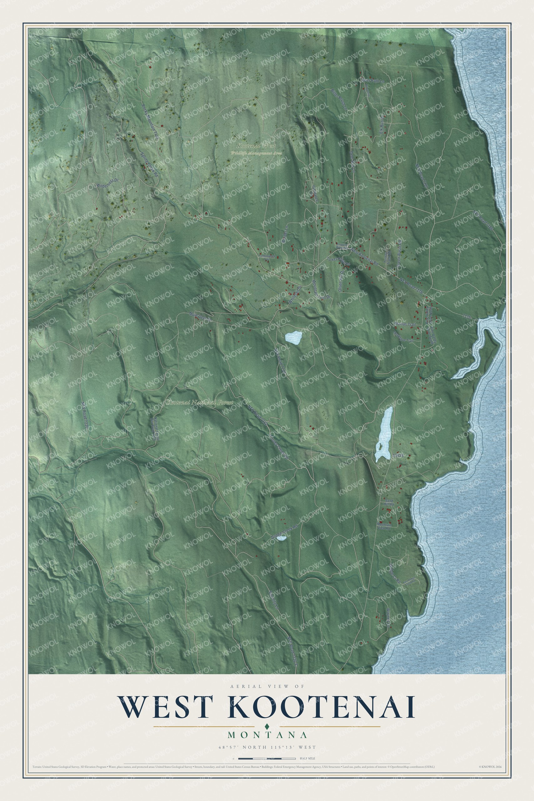 Full map of West Kootenai, Montana, with red buildings, printed street names and the land around them