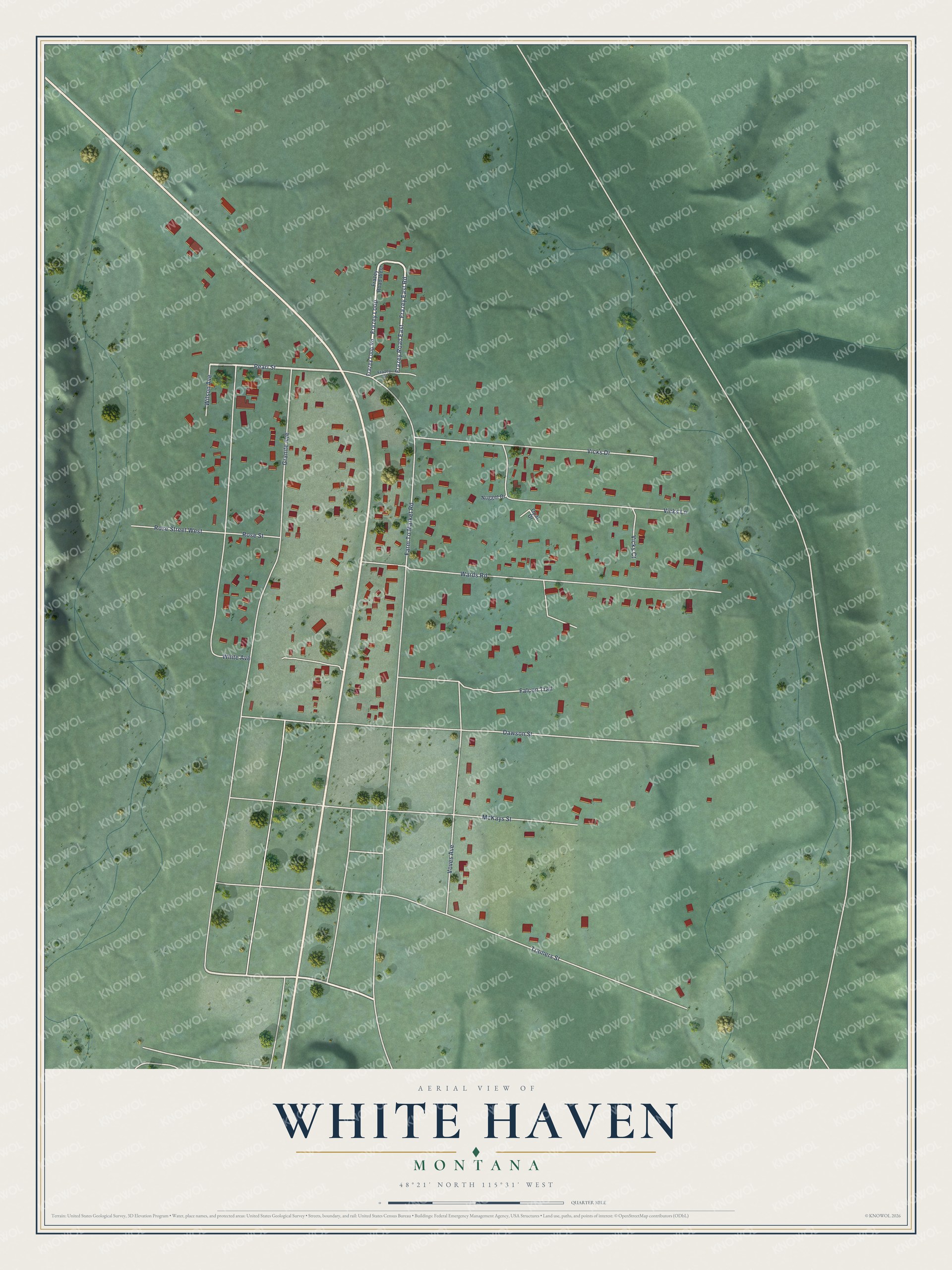 Full map of White Haven, Montana, with red buildings, printed street names and the land around them