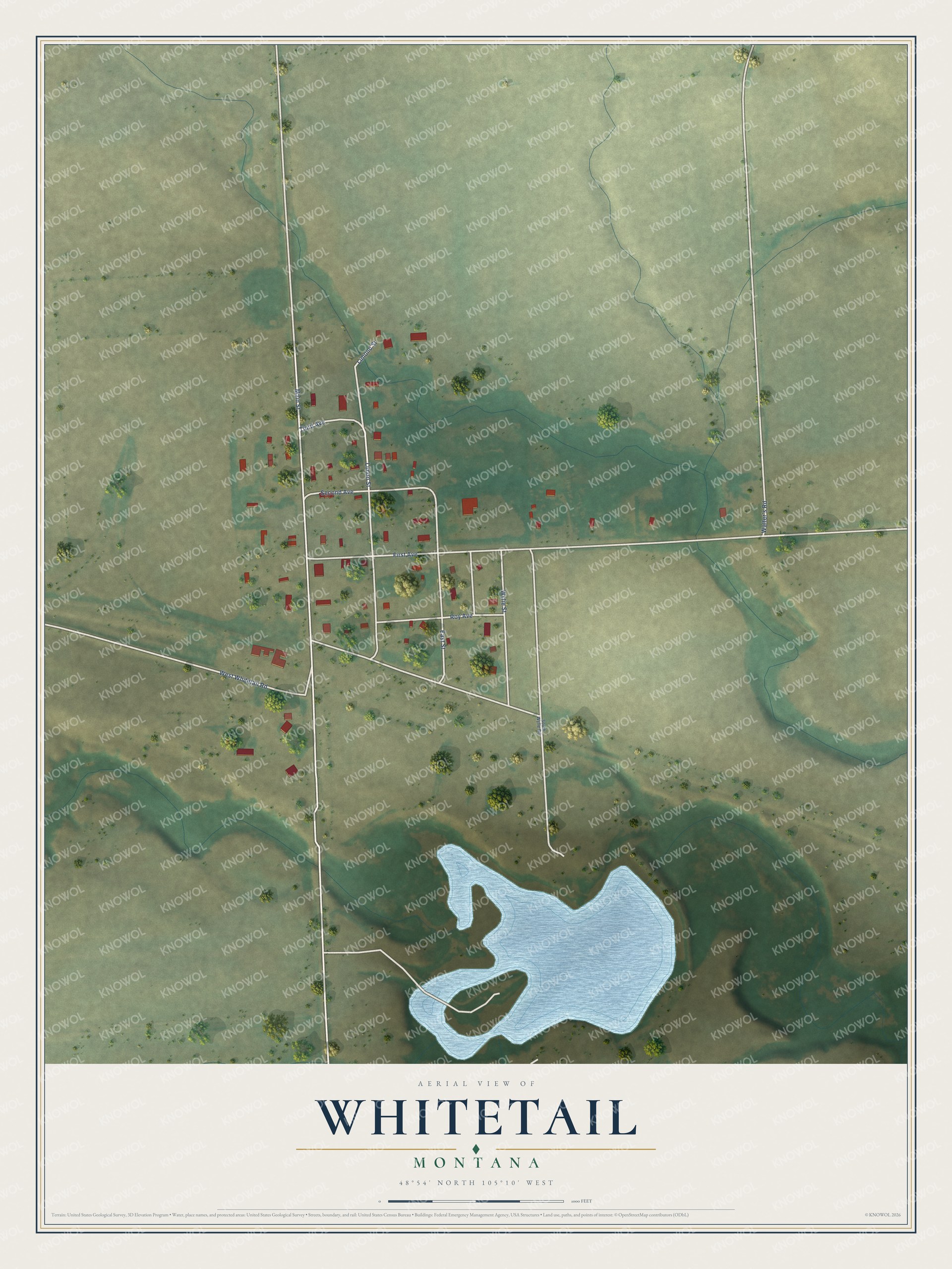 Full map of Whitetail, Montana, with red buildings, printed street names and the land around them