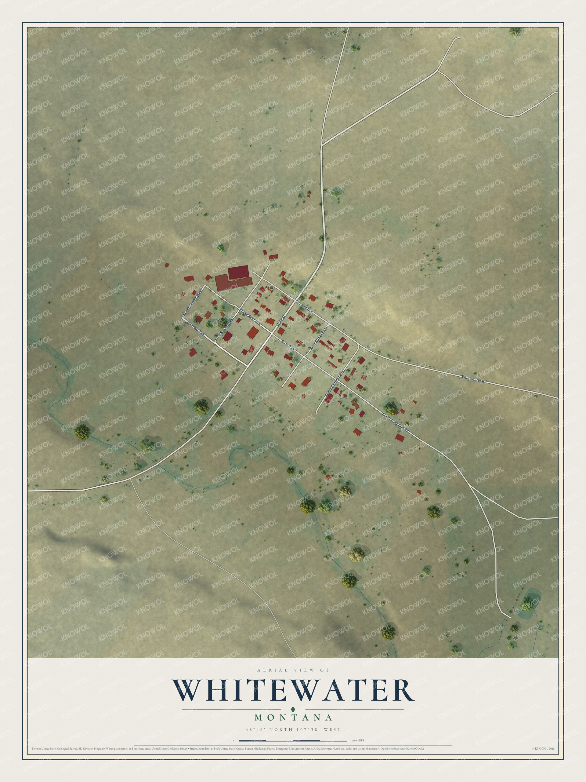 Full map of Whitewater, Montana, with red buildings, printed street names and the land around them