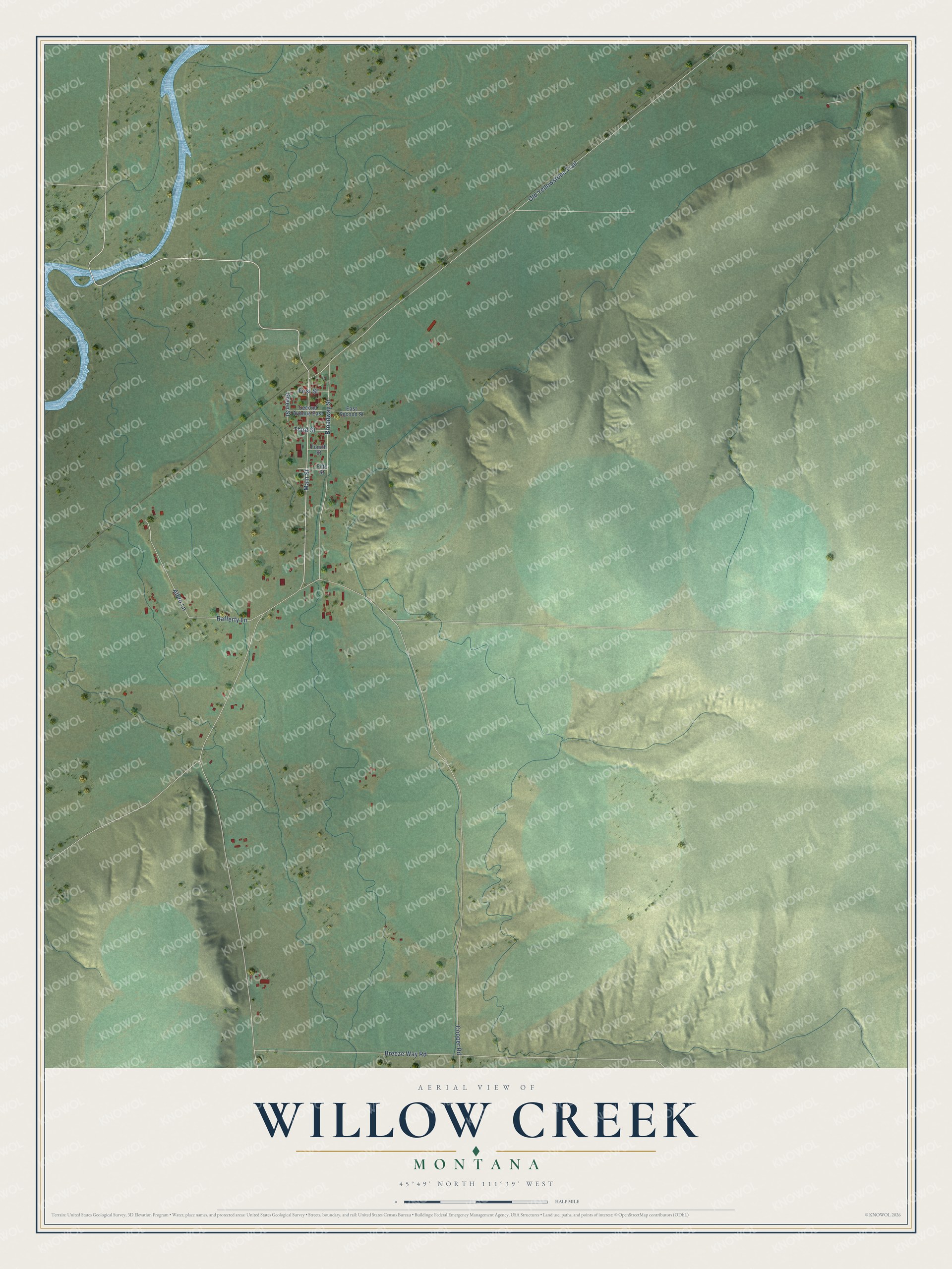 Full map of Willow Creek, Montana, with red buildings, printed street names and the land around them