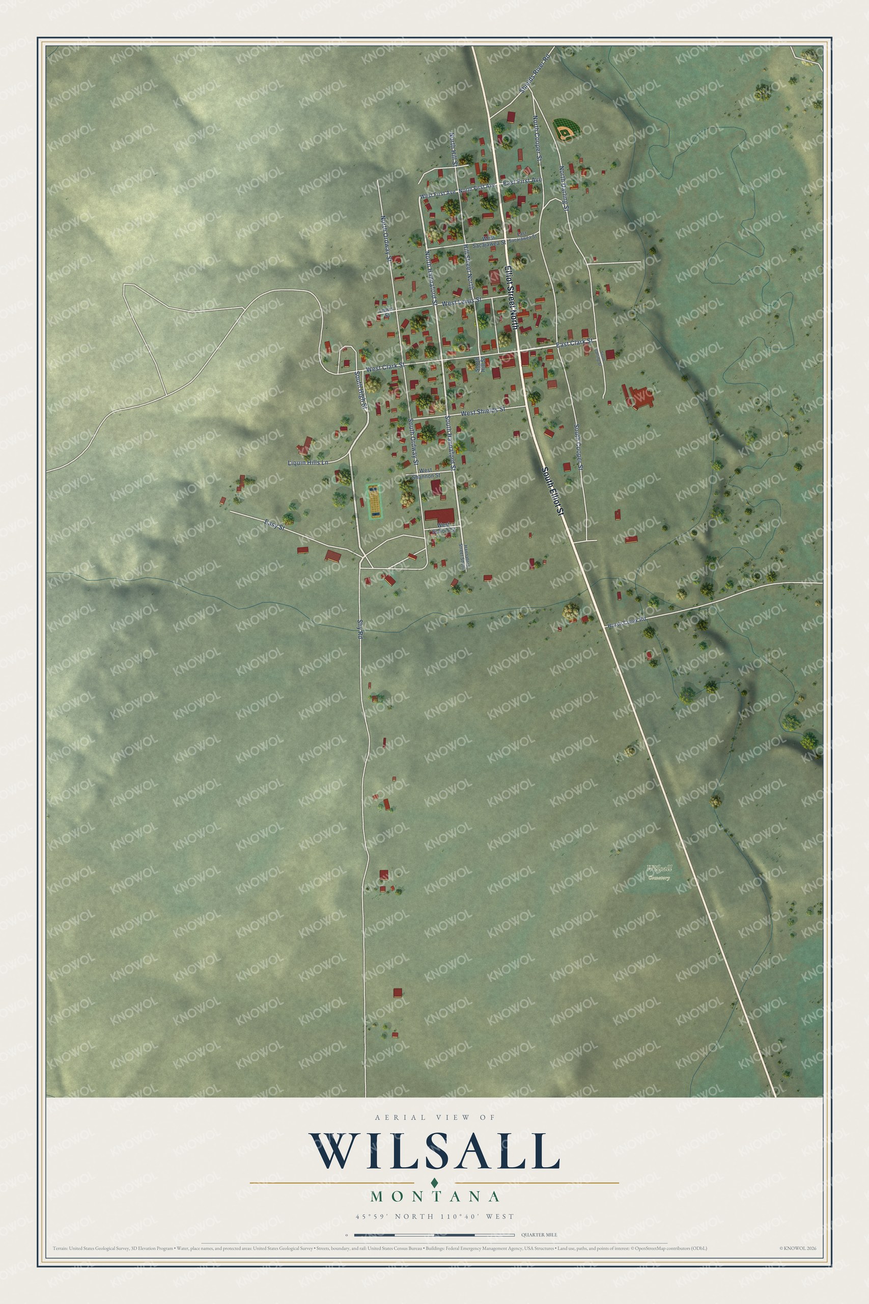Full map of Wilsall, Montana, with red buildings, printed street names and the land around them