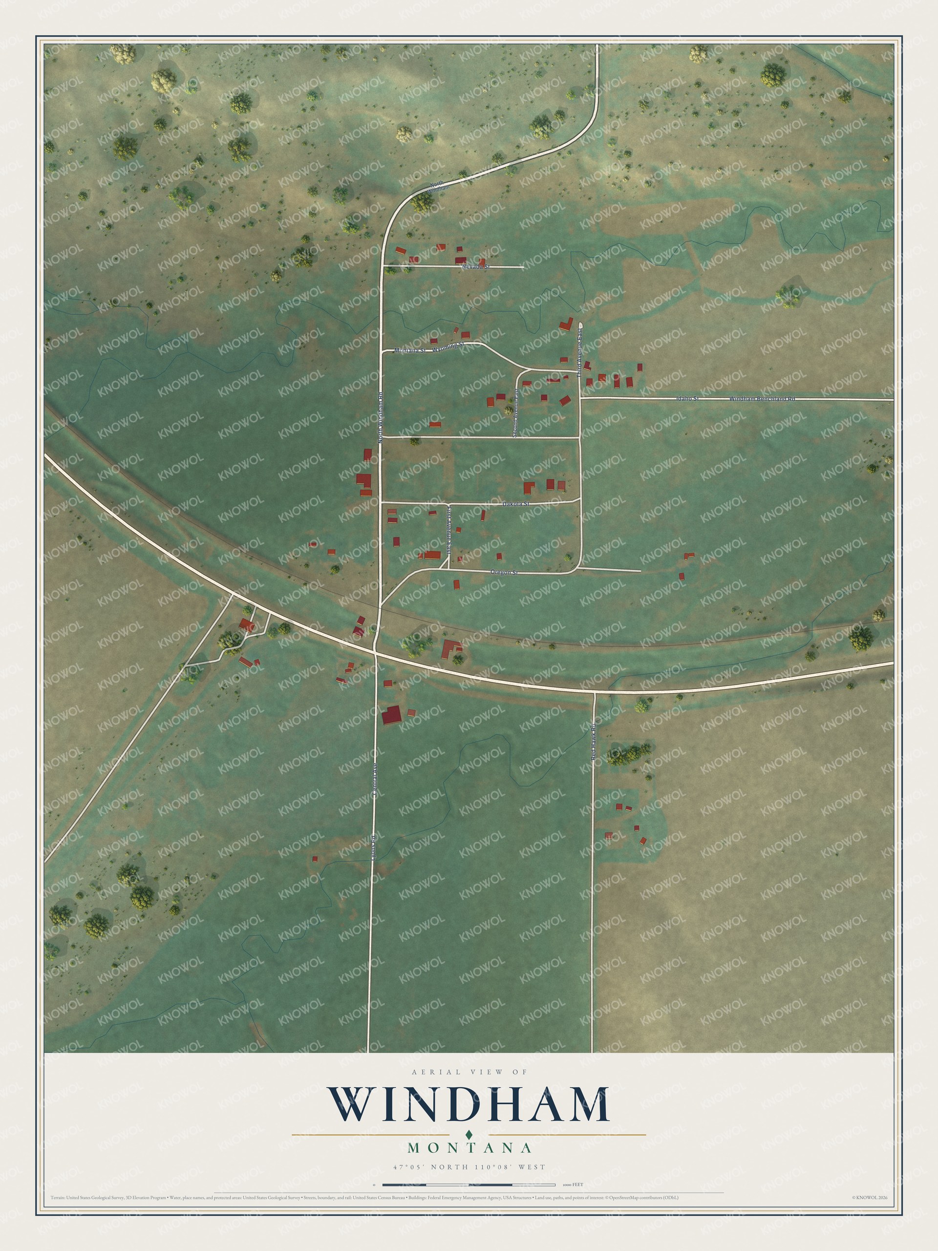 Full map of Windham, Montana, with red buildings, printed street names and the land around them