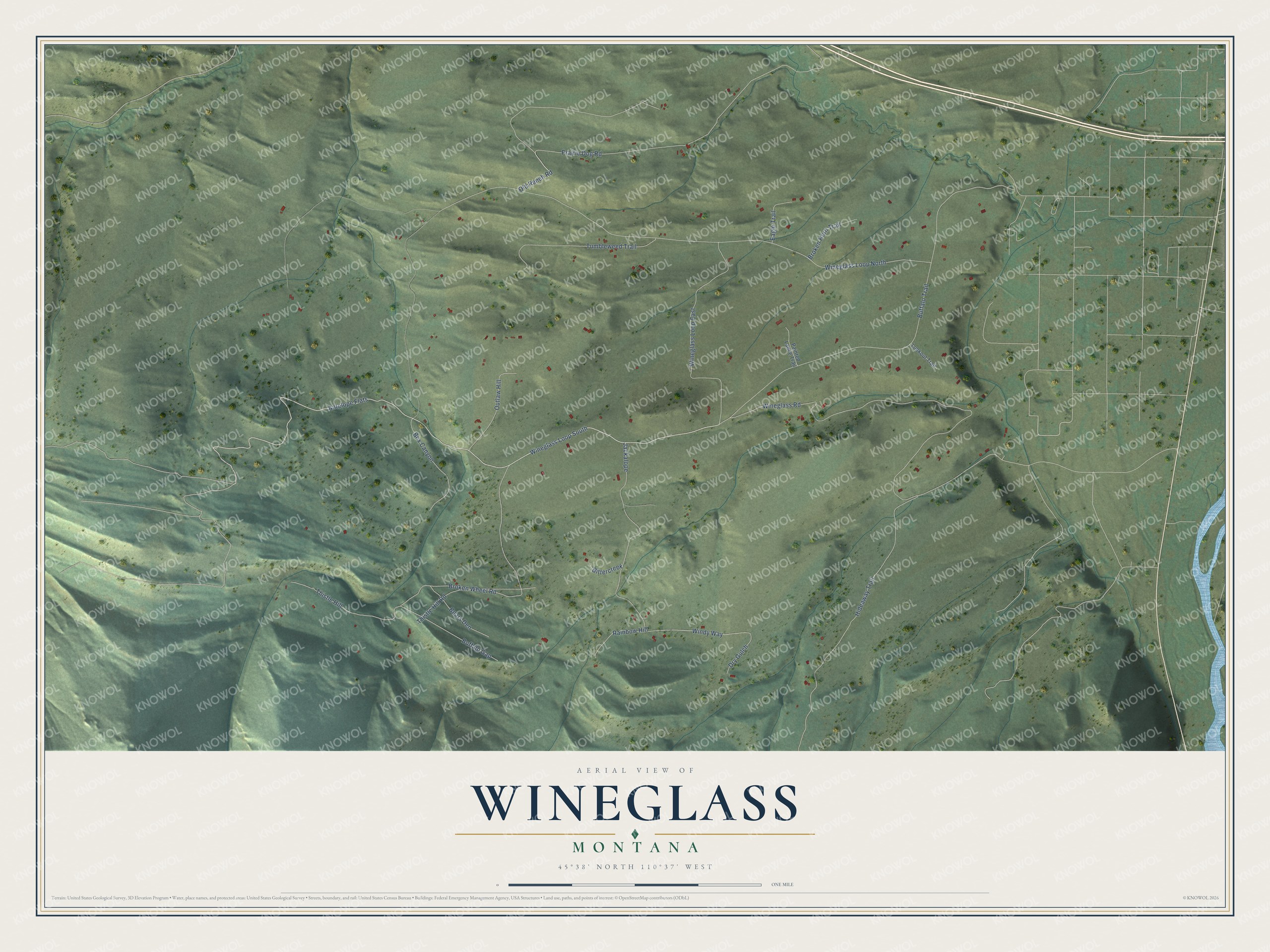 Full map of Wineglass, Montana, with red buildings, printed street names and the land around them